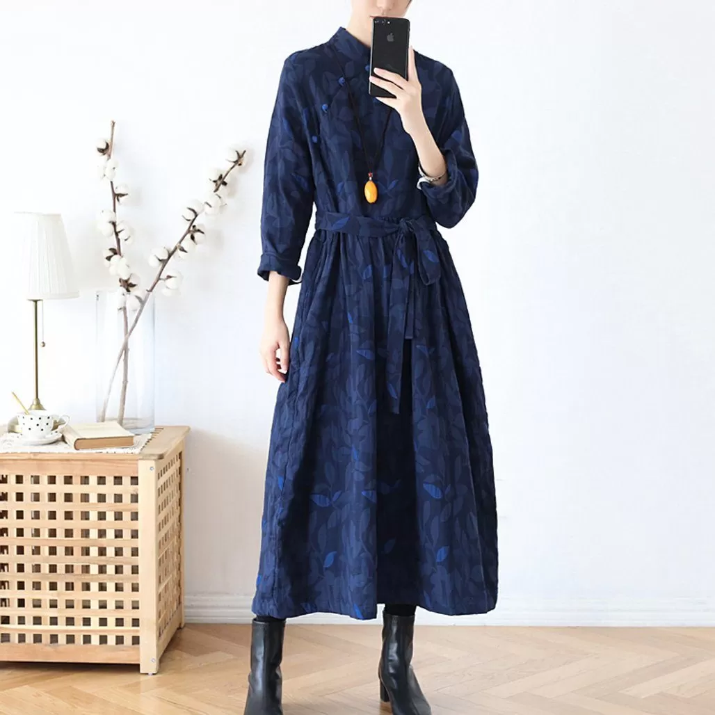 Ethnic Plate Buckle Cotton Linen Women Winter Dress