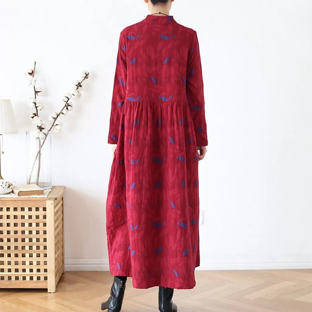 Ethnic Plate Buckle Cotton Linen Women Winter Dress