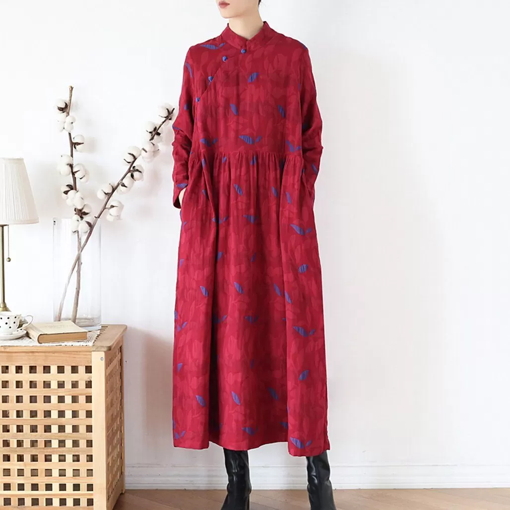 Ethnic Plate Buckle Cotton Linen Women Winter Dress