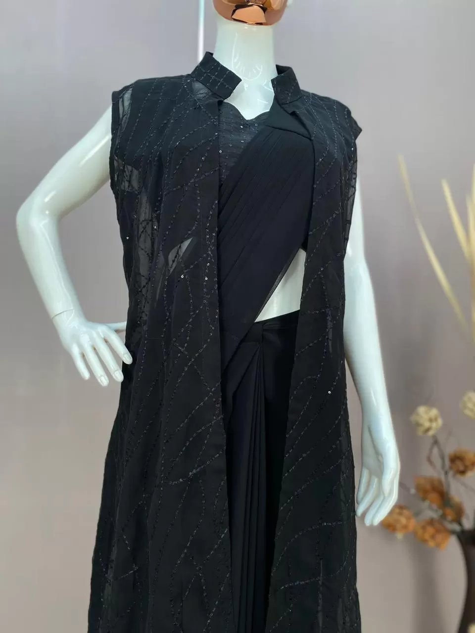 Exclusive Black Ready to wear saree with Sequins work Koti -SHREE001BK