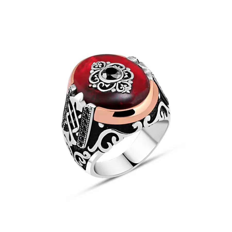 Eye Figure on Red Ellipse Synthetic Amber Stone Silver Men's Ring Siding Zircon and Braid Pattern