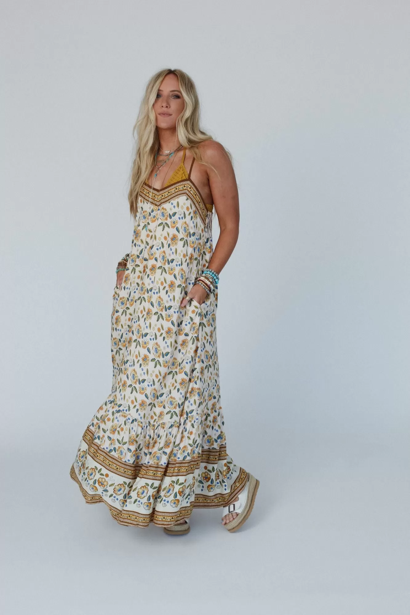 Flower Gala Border Print Dress - Cream