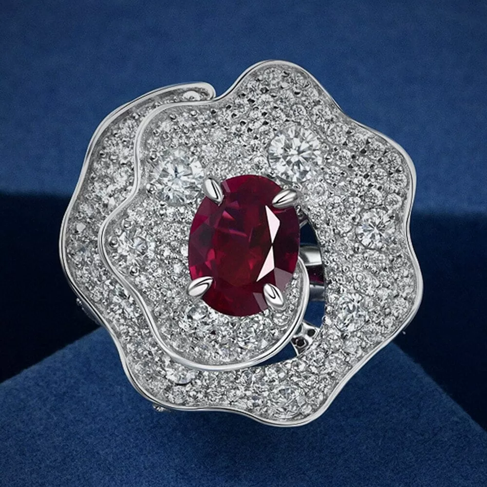 Flower Oval 2 CT Ruby 925 Sterling Silver Ring