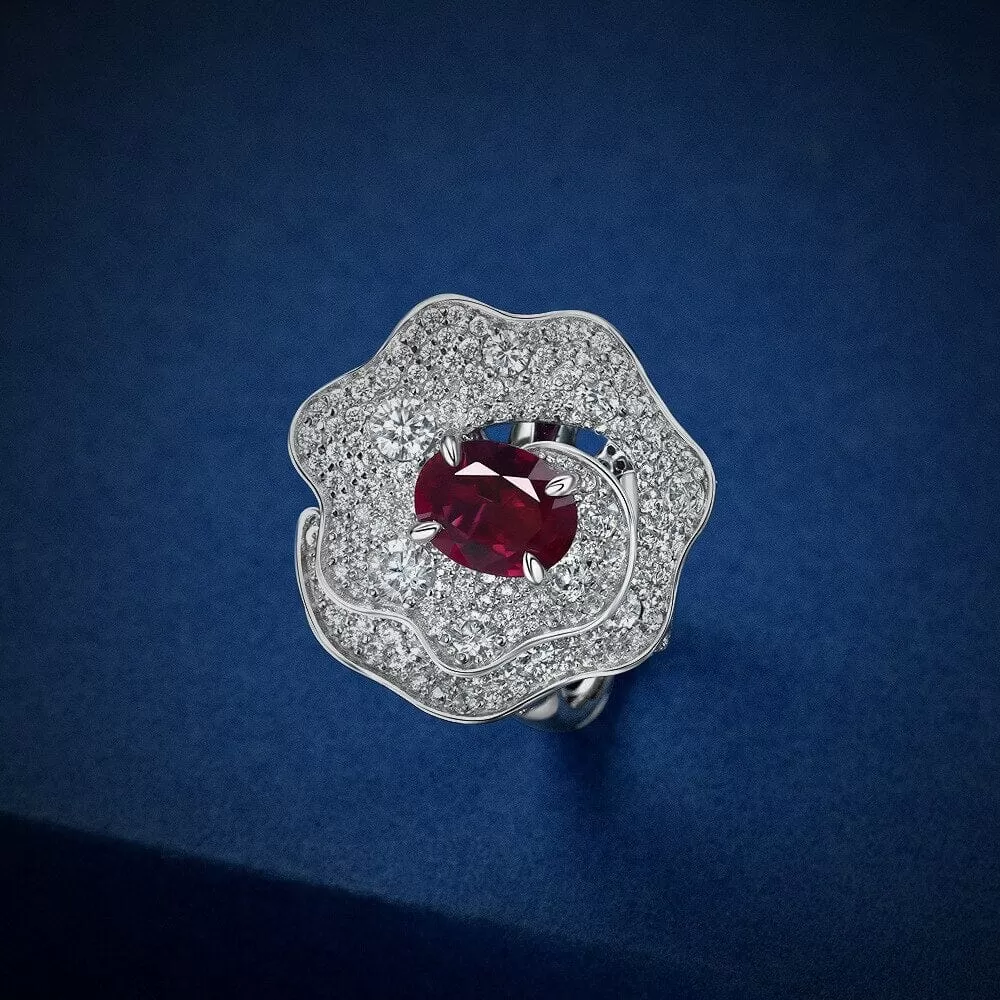 Flower Oval 2 CT Ruby 925 Sterling Silver Ring