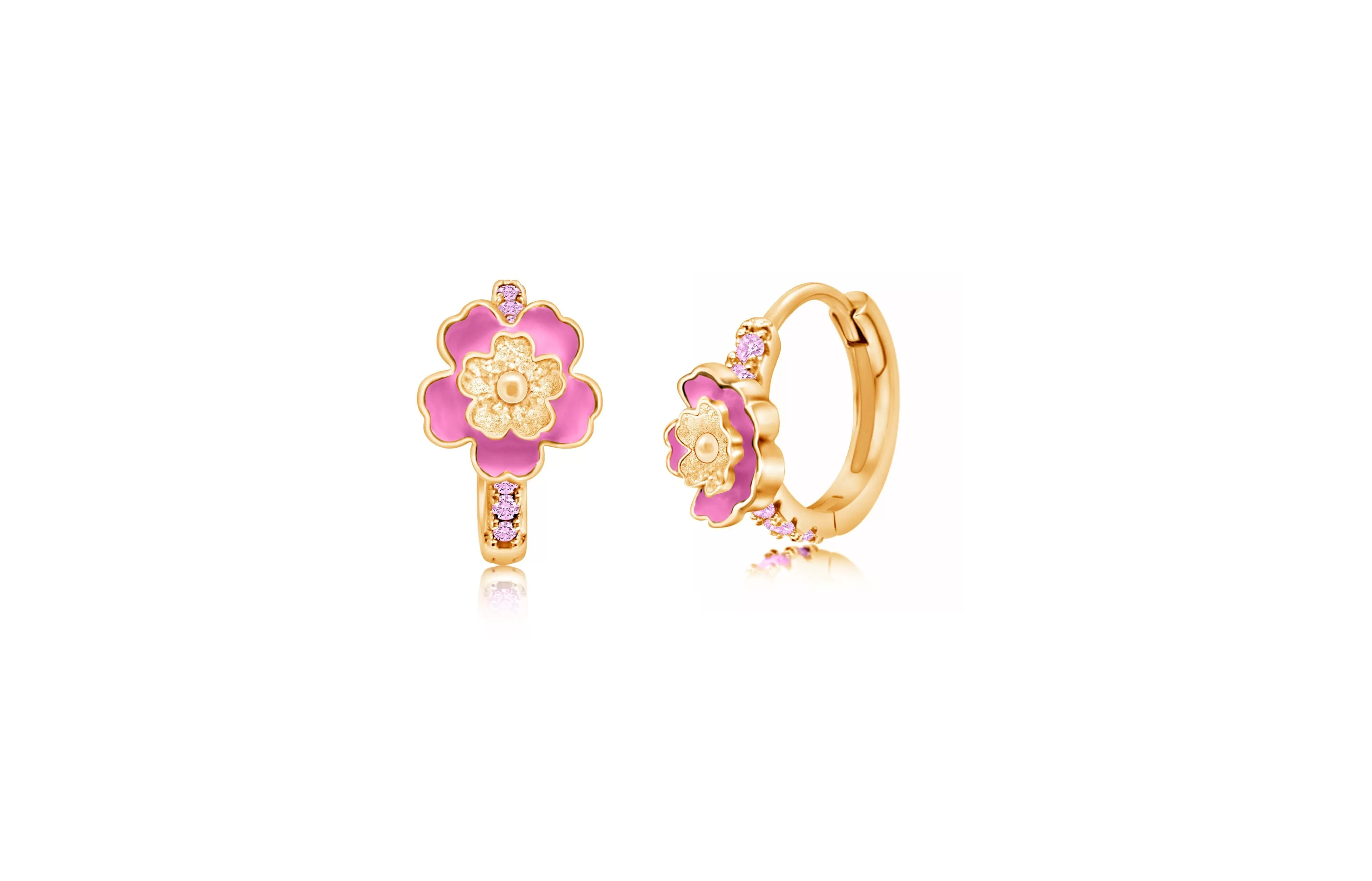 Flower Pink Crystal Yellow Gold Plating Girls Leverback Earring