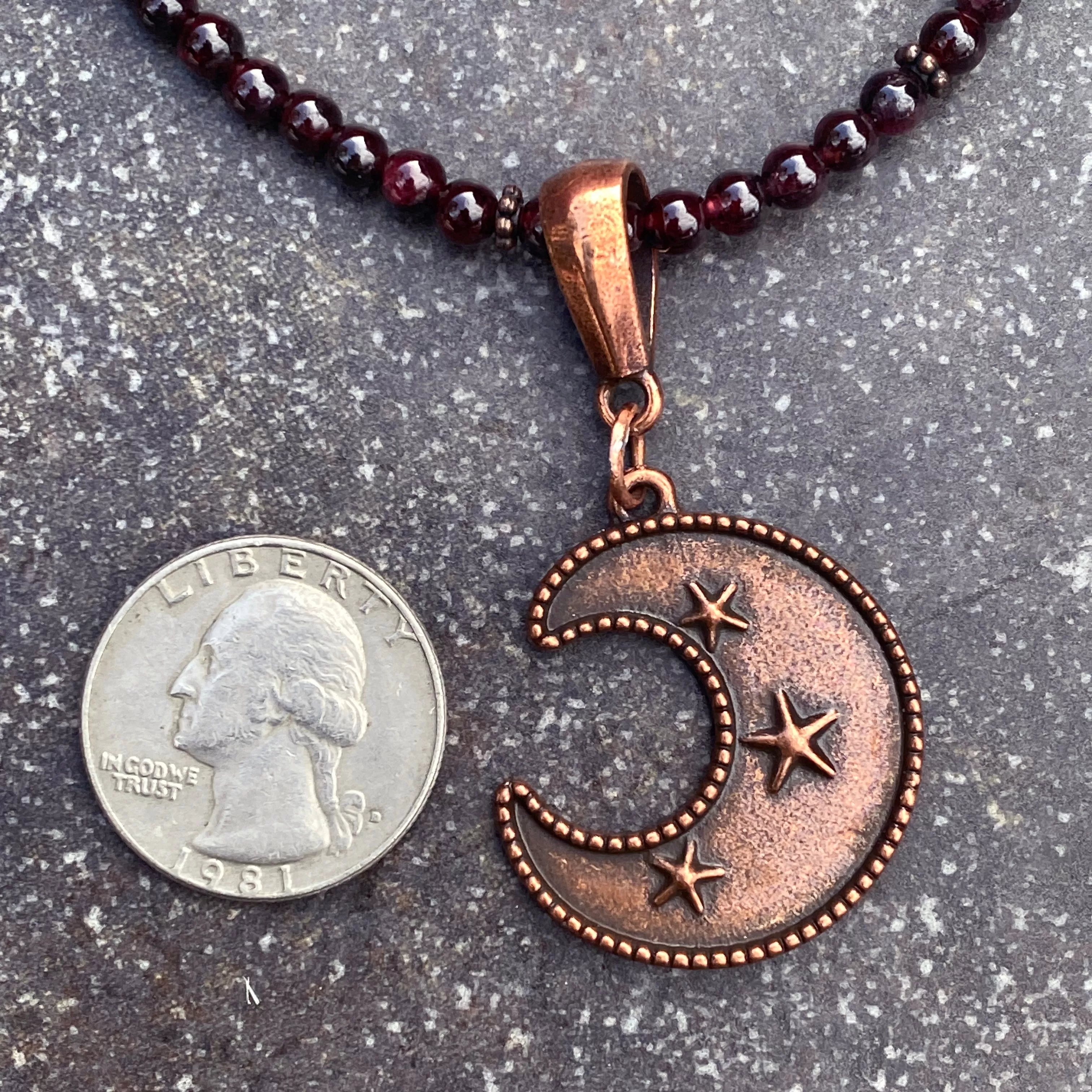 Garnet and Copper Moon Beaded Necklace