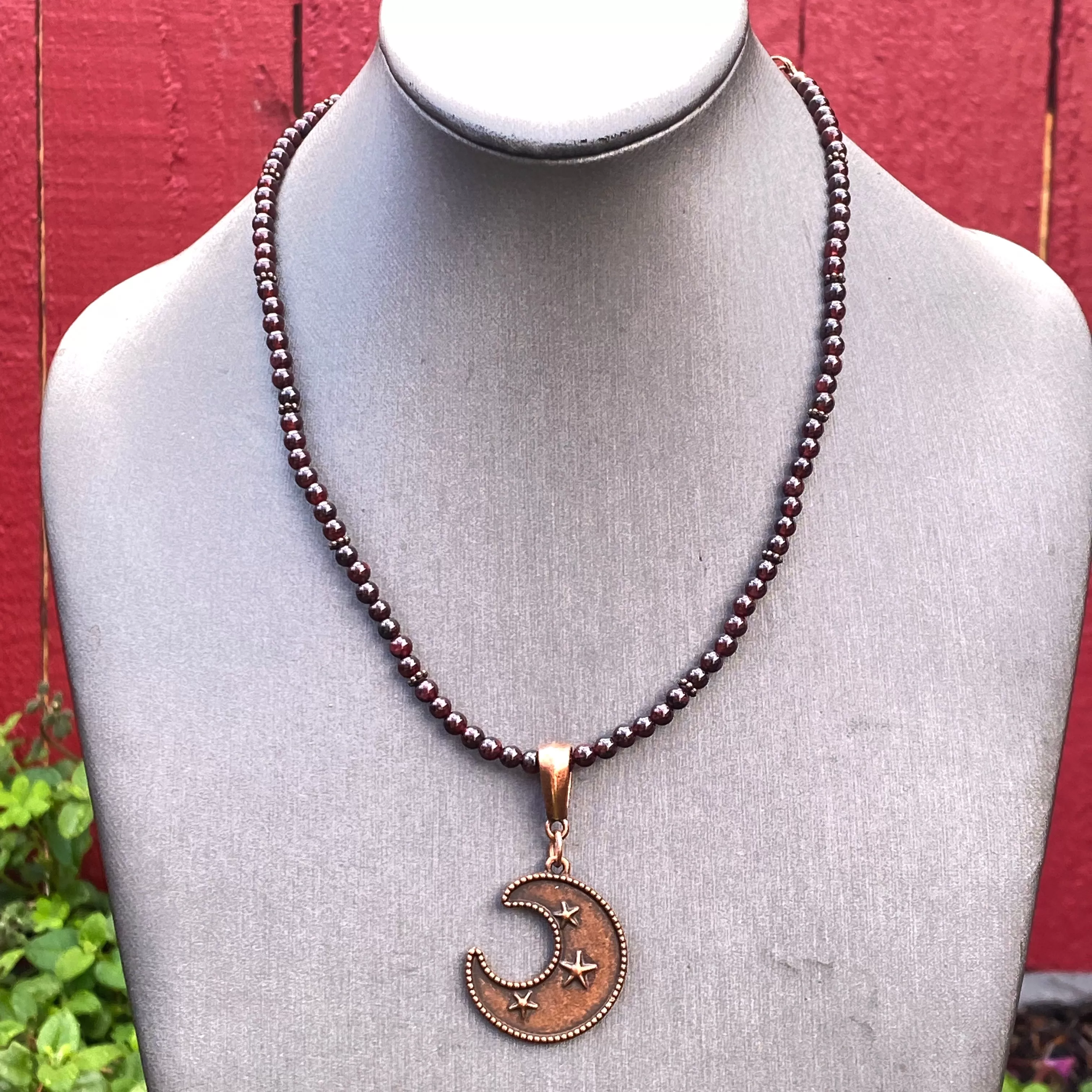 Garnet and Copper Moon Beaded Necklace