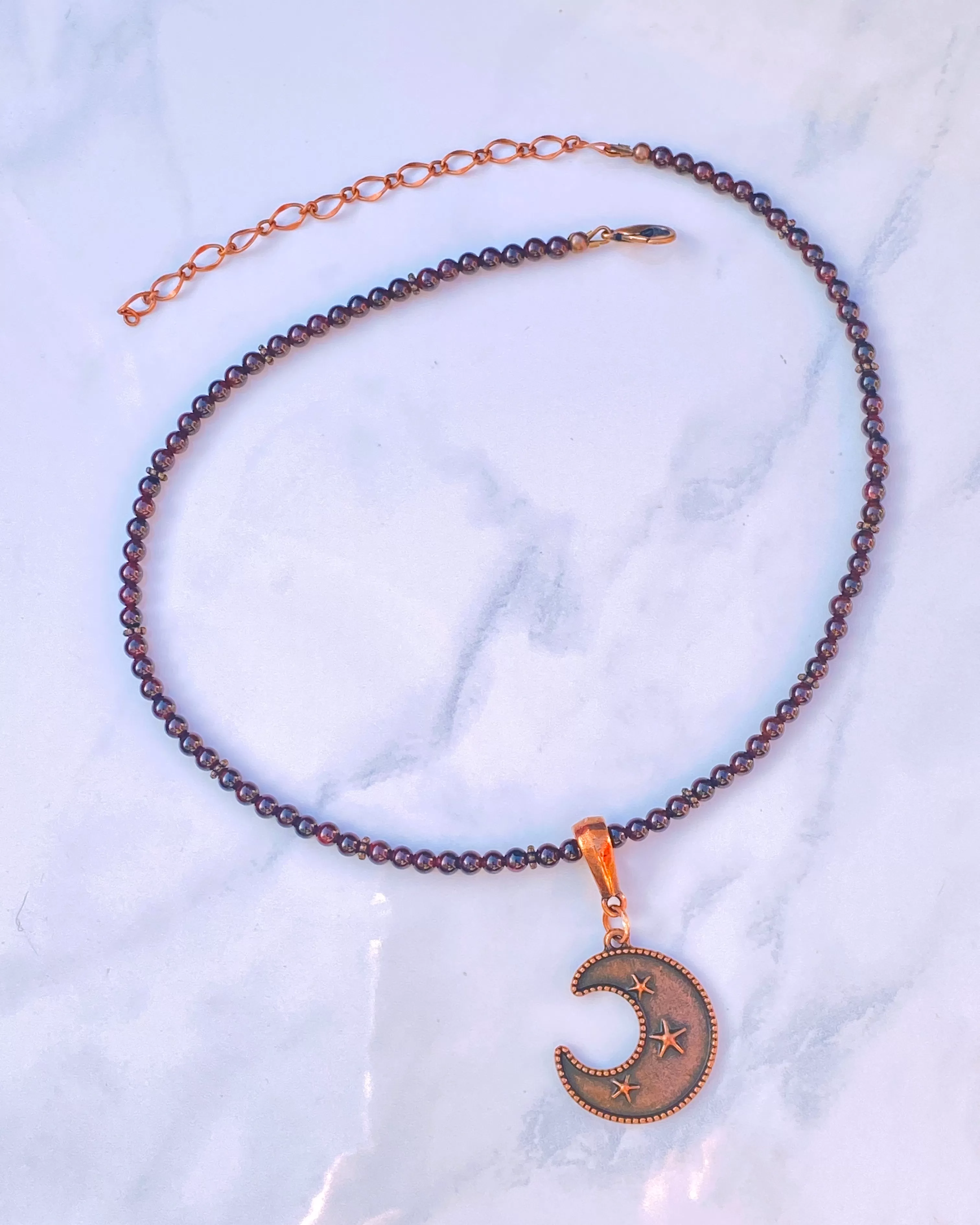 Garnet and Copper Moon Beaded Necklace