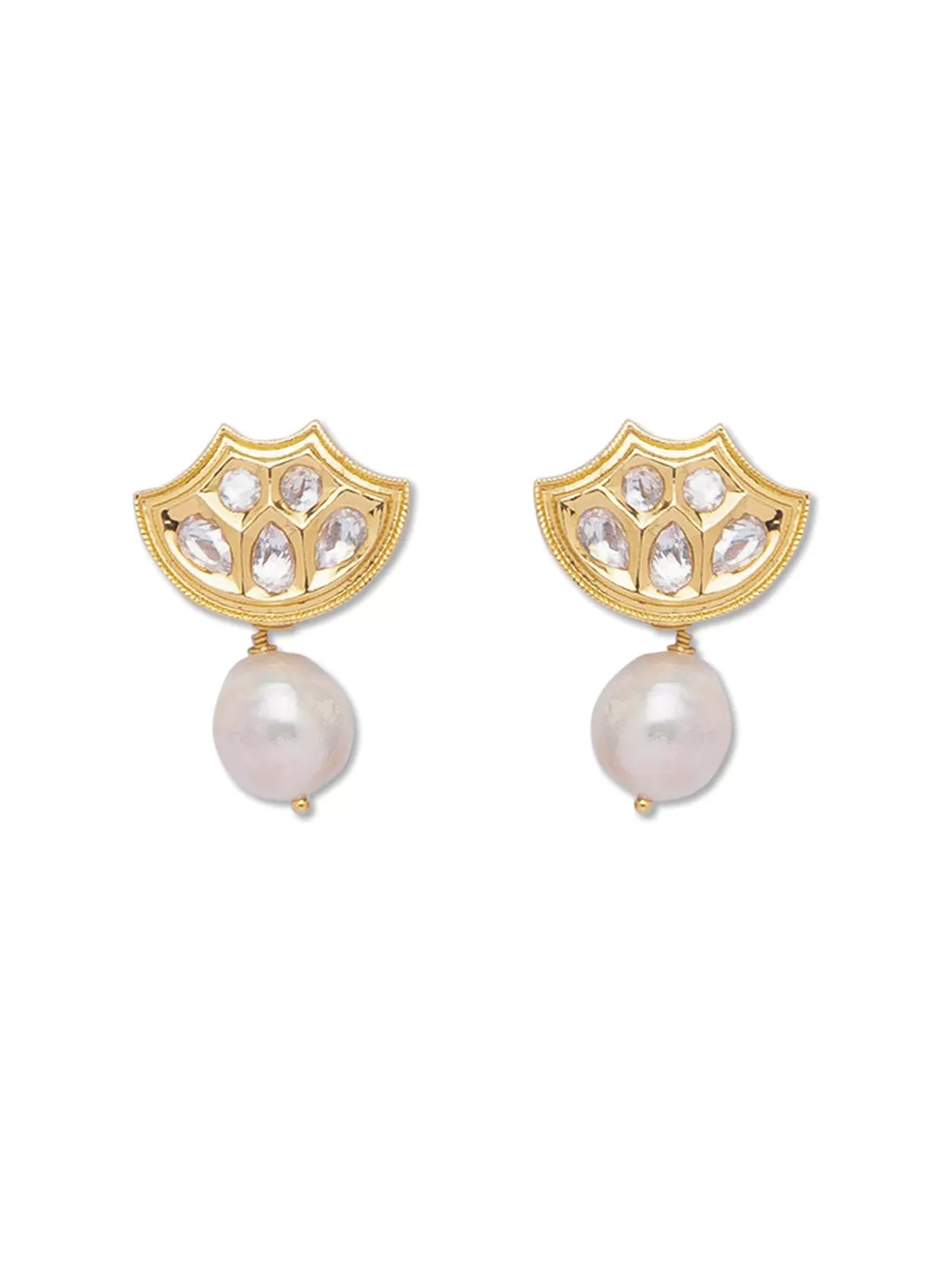 golden and Pearly White Kundan Earrings .