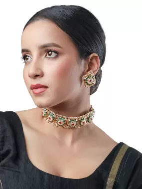 Golden, Creme, Cherry and  Green Kundan Polki Necklace Set