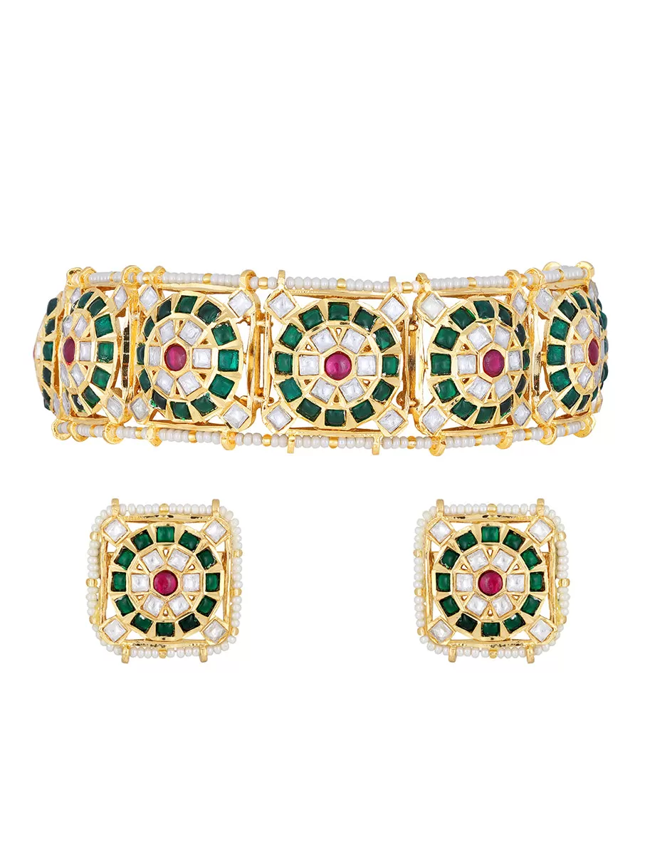 Golden, Creme, Cherry and  Green Kundan Polki Necklace Set