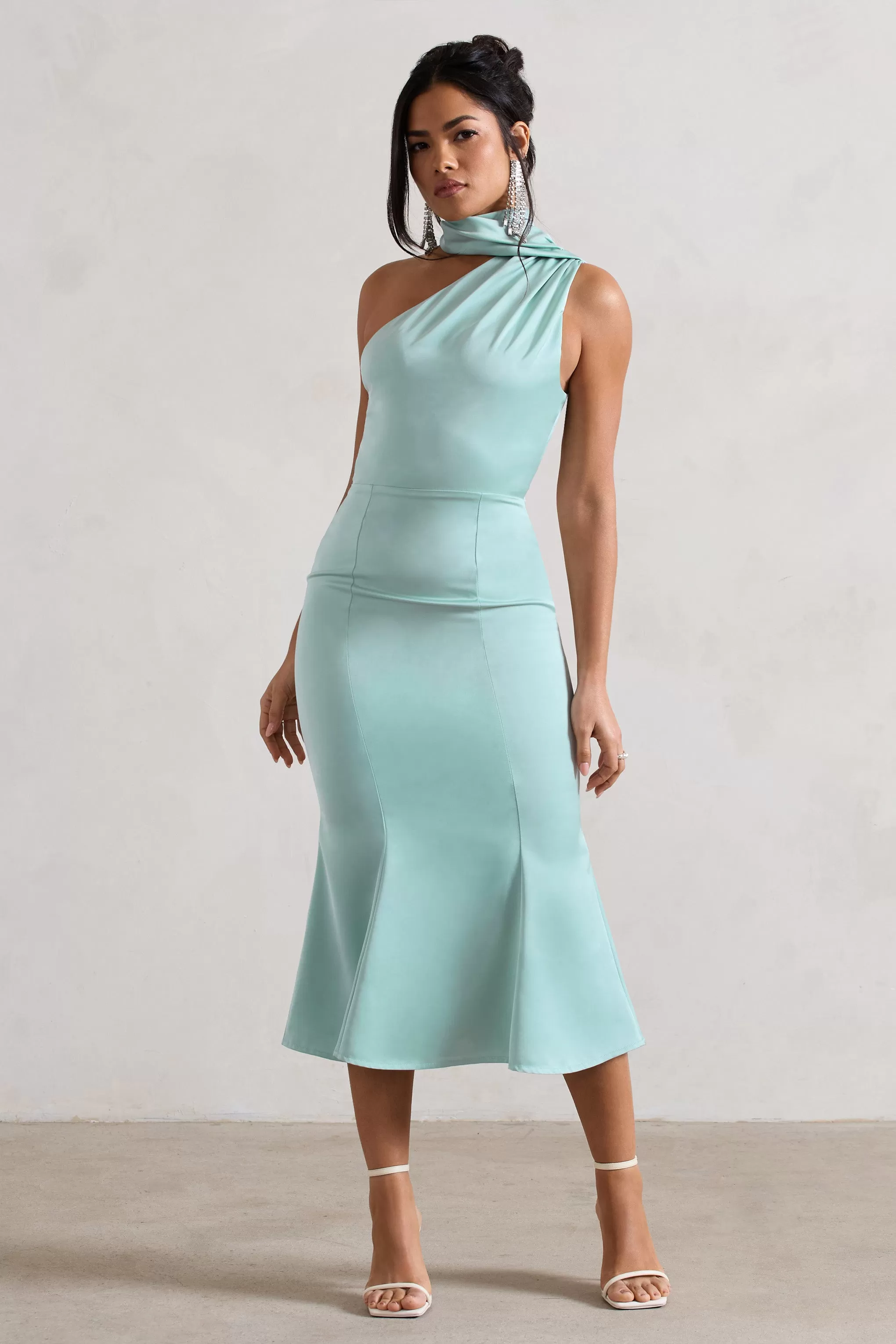 Golden Girl | Mint Satin One Shoulder High-Neck Flared Midi Dress