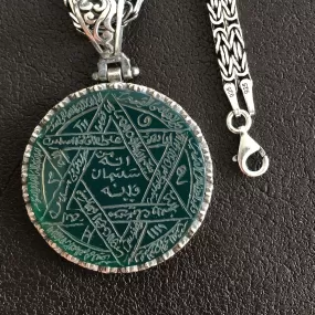 Green Agate Pendant Sterling Silver 925 Kings Chain Necklace Handengraved Seal of Solomon Talisman Amulet