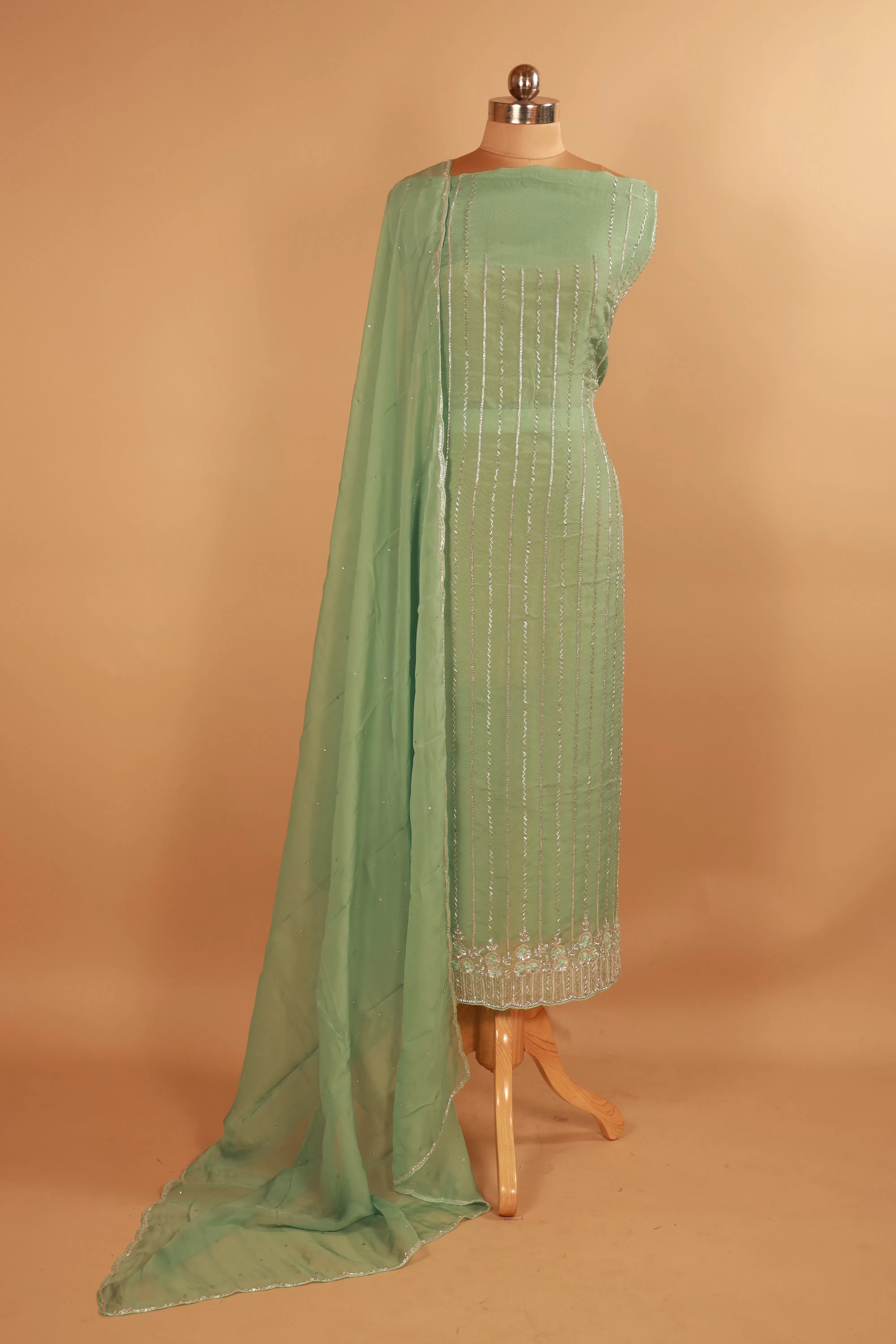 Hand Embroidered Green Organza suit Dupatta