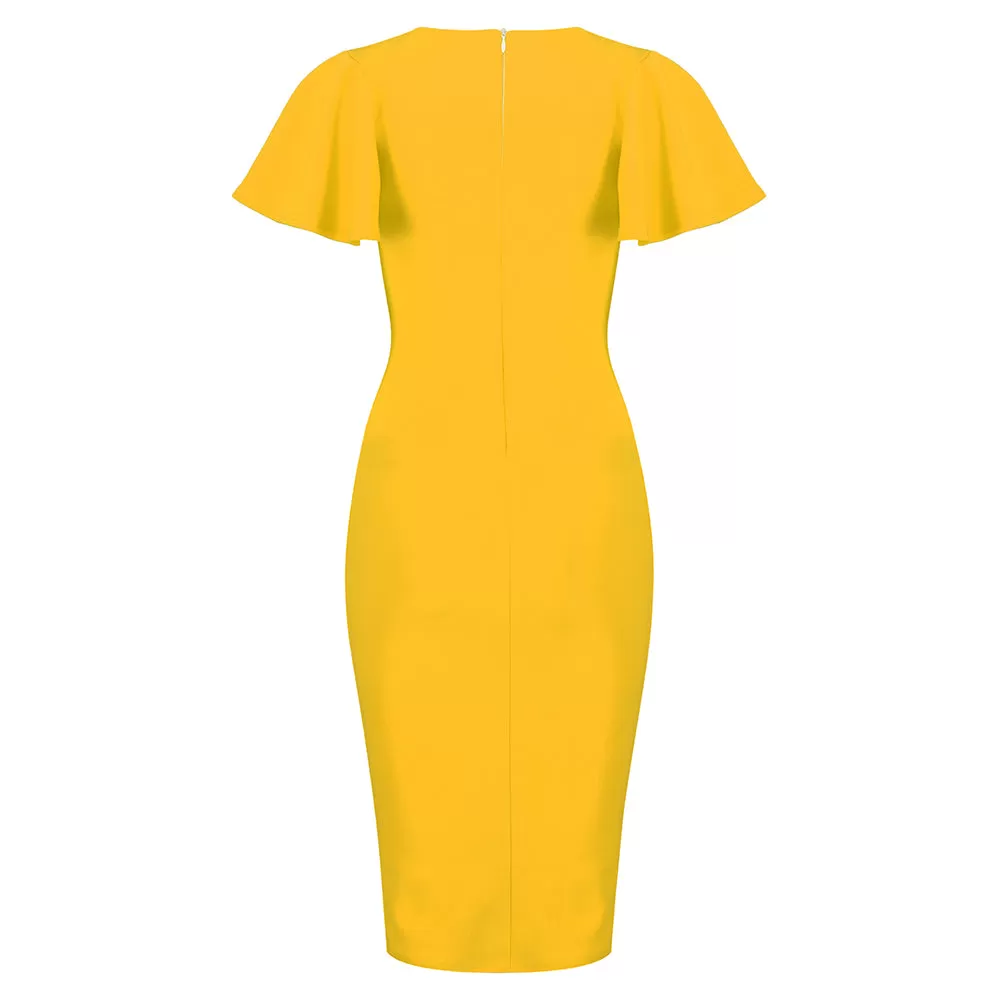 Honey Yellow Half Sleeve Deep V Neck Crossover Top Wiggle Dress