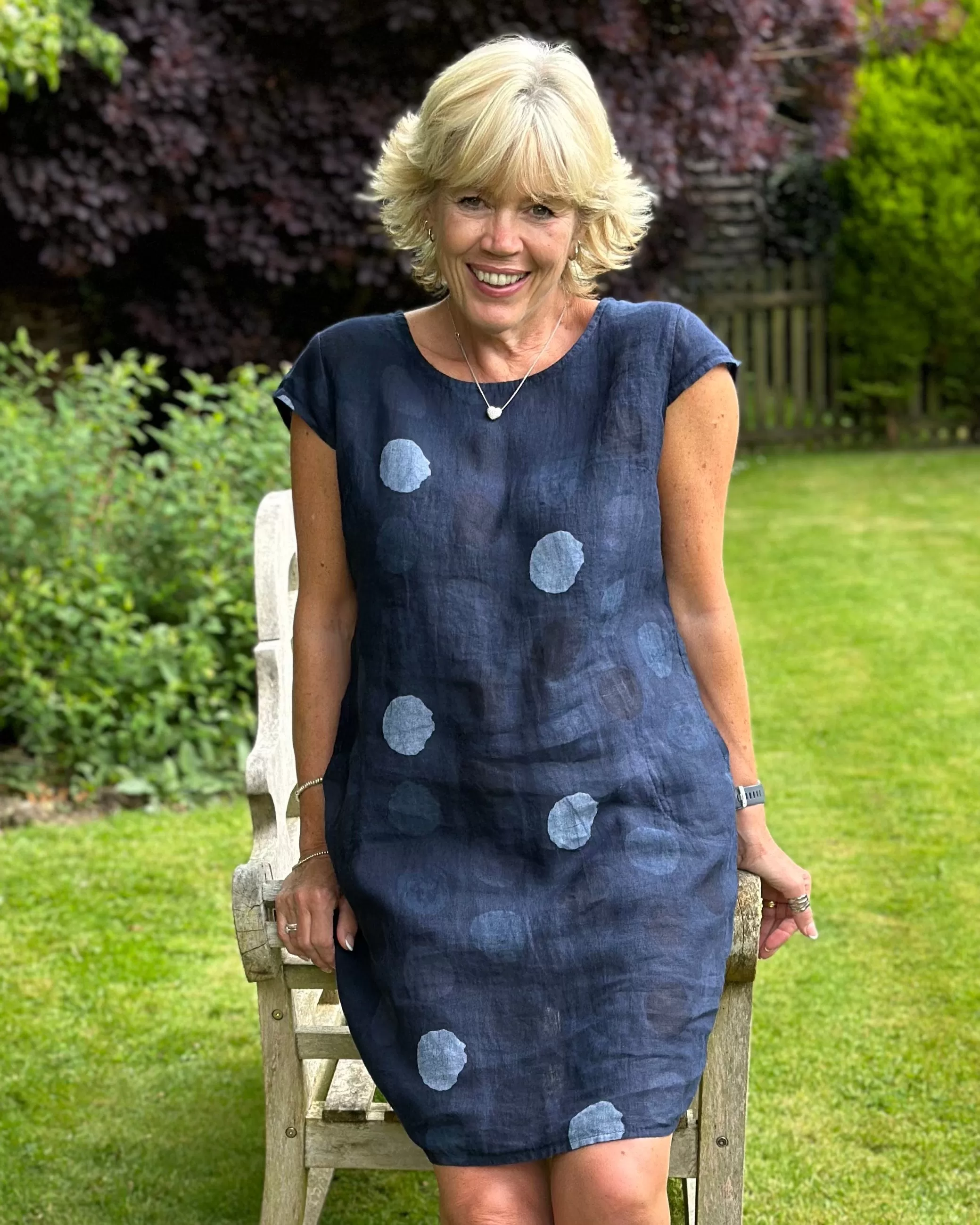 Linen Dress - Navy With Dots