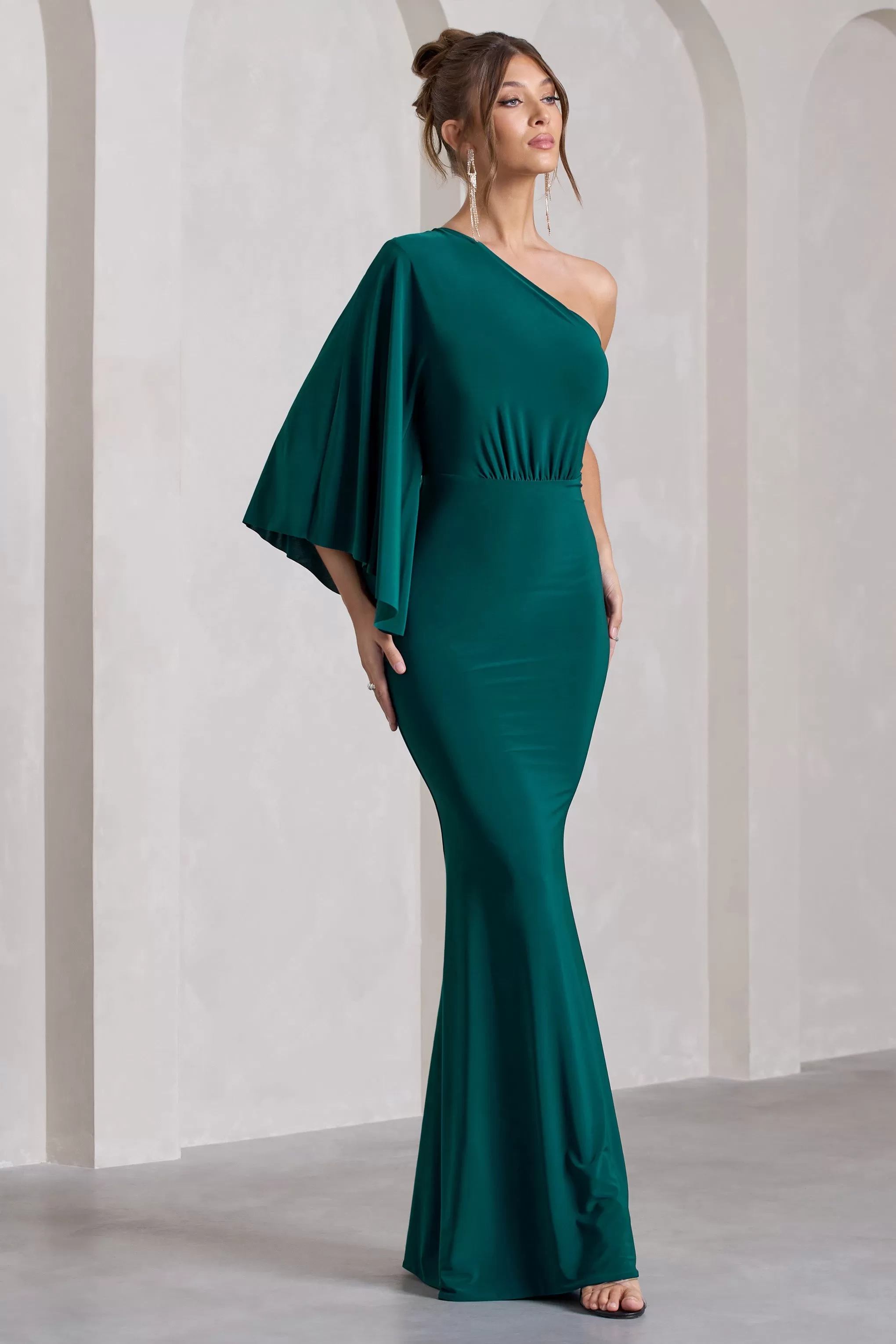 Luciana | Bottle Green One Shoulder Drape Sleeve Maxi Dress