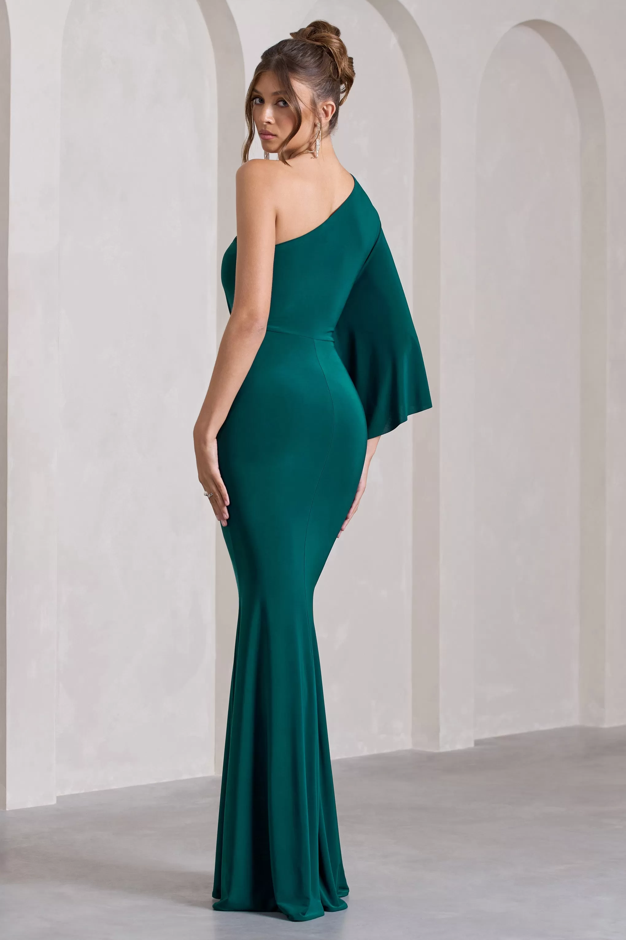 Luciana | Bottle Green One Shoulder Drape Sleeve Maxi Dress