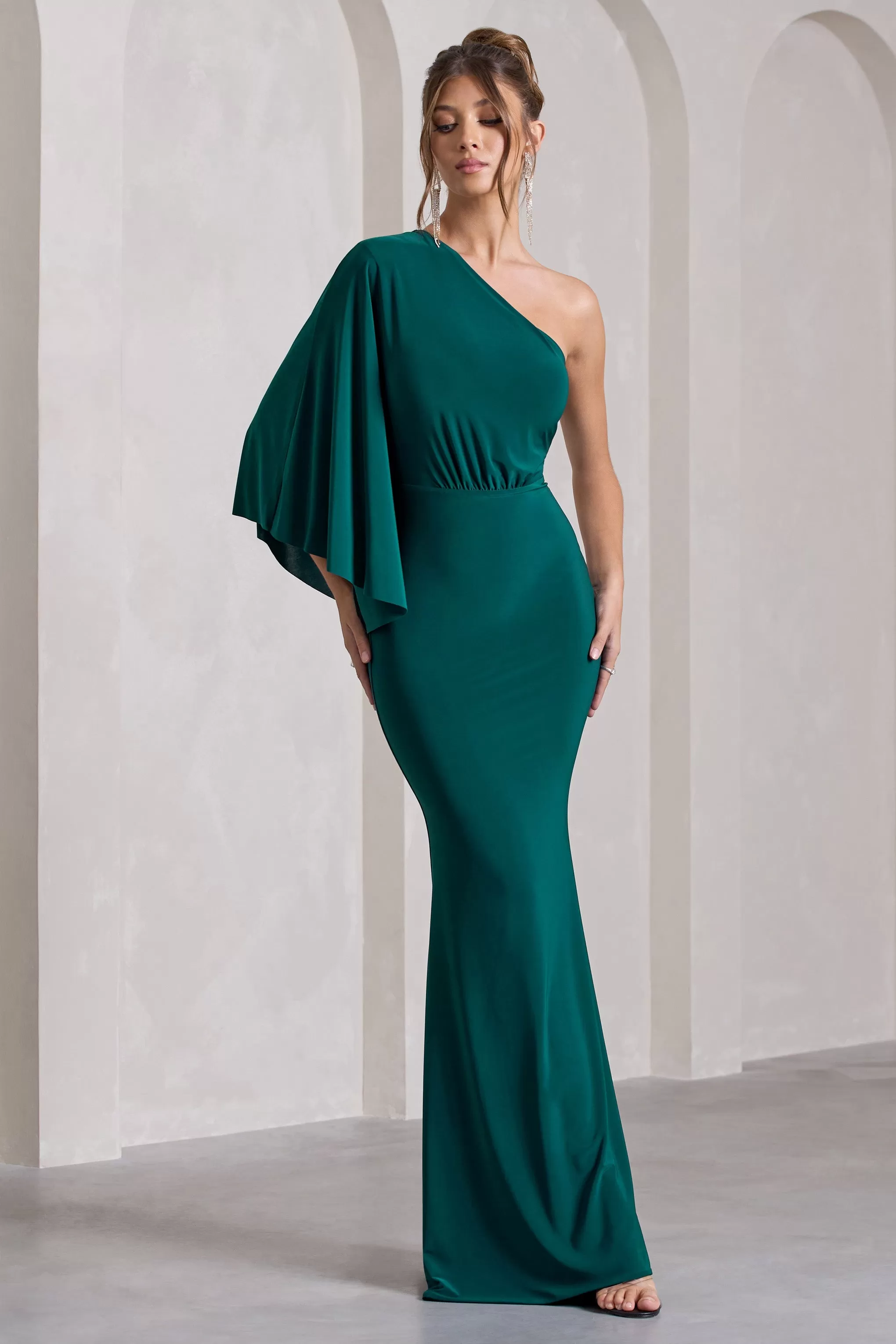 Luciana | Bottle Green One Shoulder Drape Sleeve Maxi Dress