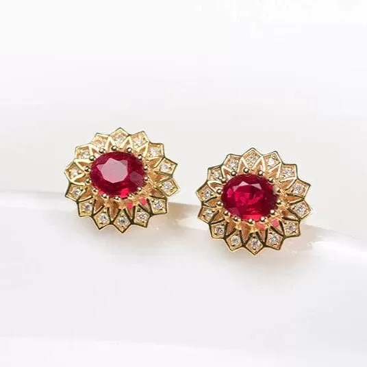 Luxury Ruby Gemstone Flower Stud Earrings - 925 Sterling Silver