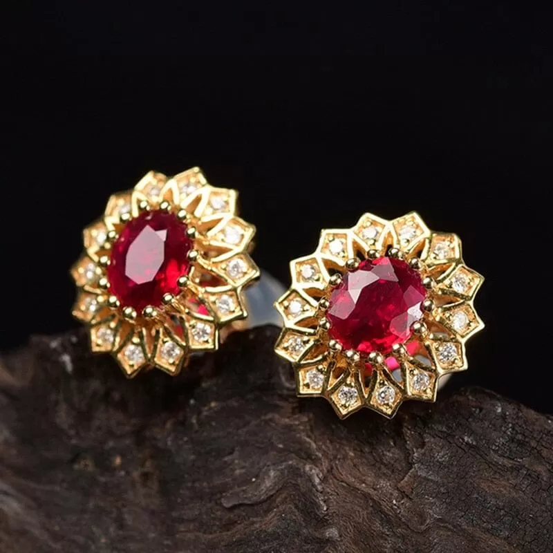 Luxury Ruby Gemstone Flower Stud Earrings - 925 Sterling Silver