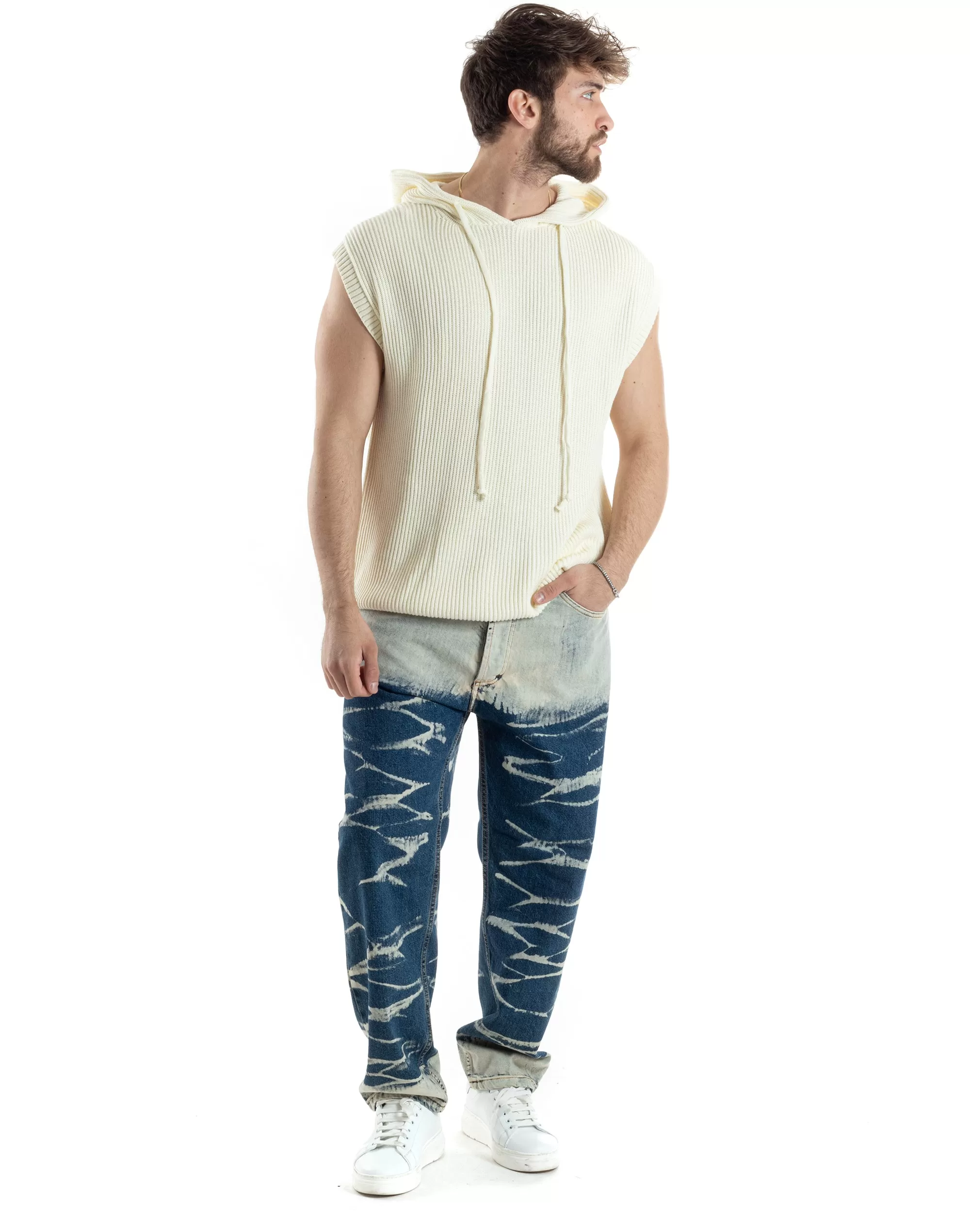 Maglia Gilet Uomo Maglioncino Con Cappuccio Smanicato Basic Casual Tinta Unita Bianco GIOSAL-M2830A