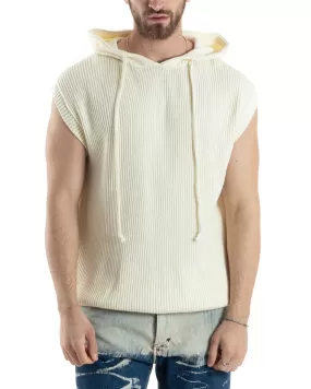 Maglia Gilet Uomo Maglioncino Con Cappuccio Smanicato Basic Casual Tinta Unita Bianco GIOSAL-M2830A