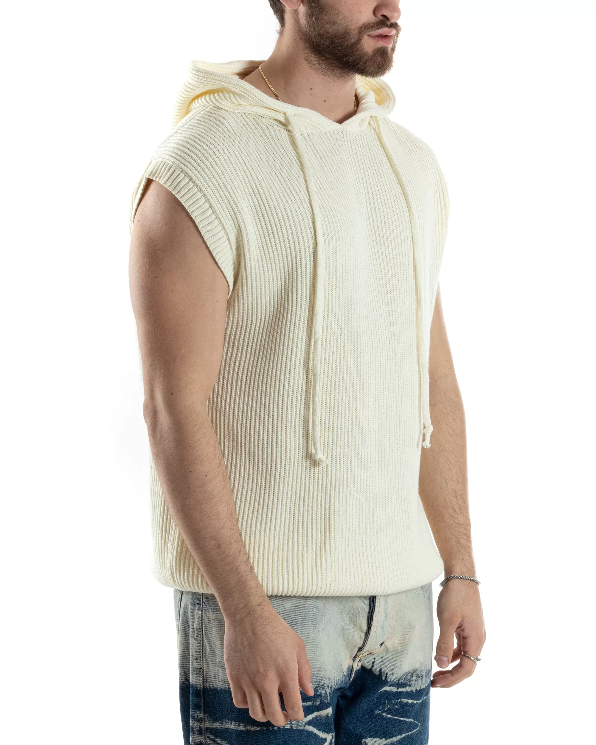 Maglia Gilet Uomo Maglioncino Con Cappuccio Smanicato Basic Casual Tinta Unita Bianco GIOSAL-M2830A