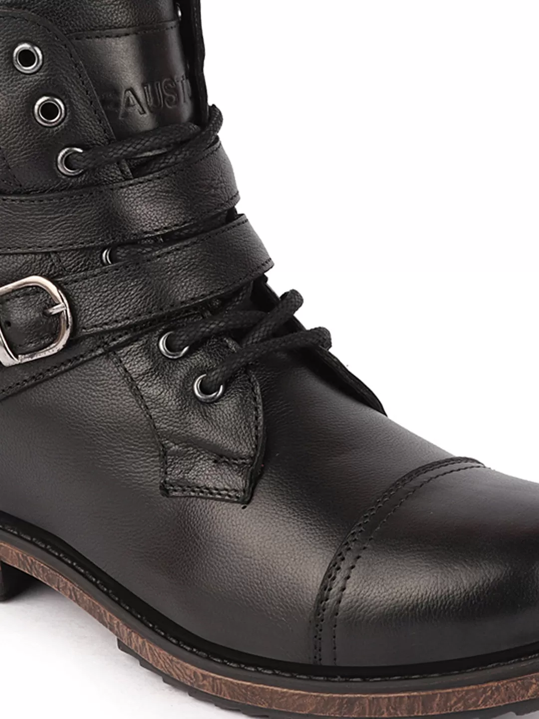 Men Black High Ankle Genuine Leather 8-Eye Lace Up Buckle Closure Side Zipper Combat Boots