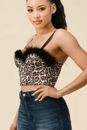 Mia Velvet Feather Bustier Boned Crop Top - Leopard