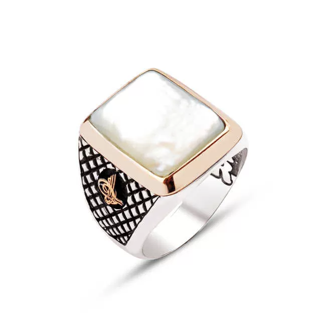 Mother of Pearl Stone Square Silver Men’s Ring Siding Diamond Pattern and Ottoman Tughra