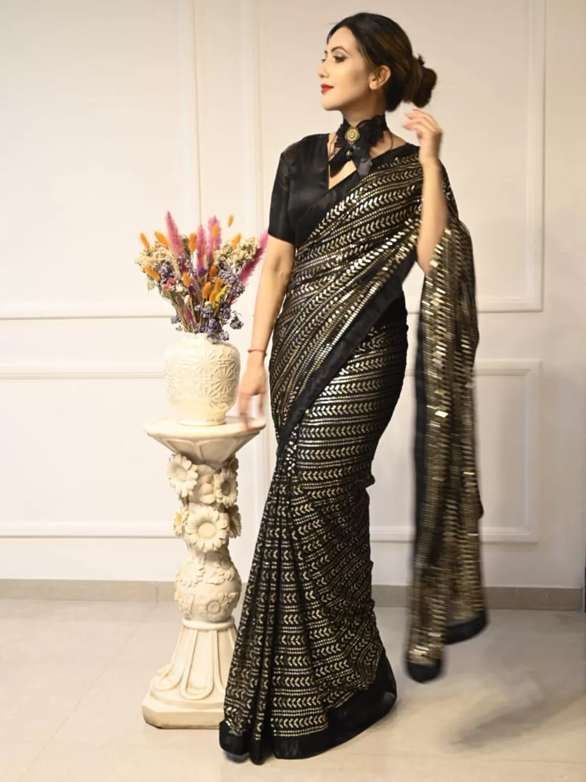 Odette Women Black Sequin Georgette Saree With Unstitched Blouse