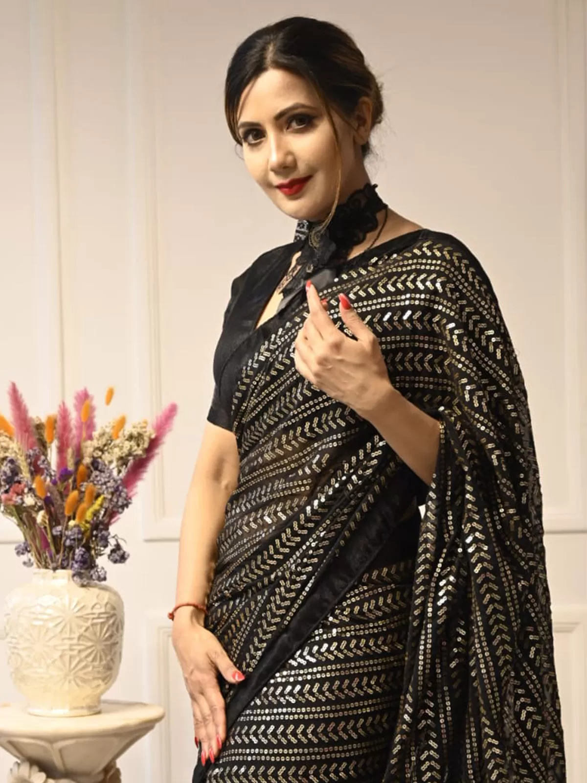 Odette Women Black Sequin Georgette Saree With Unstitched Blouse