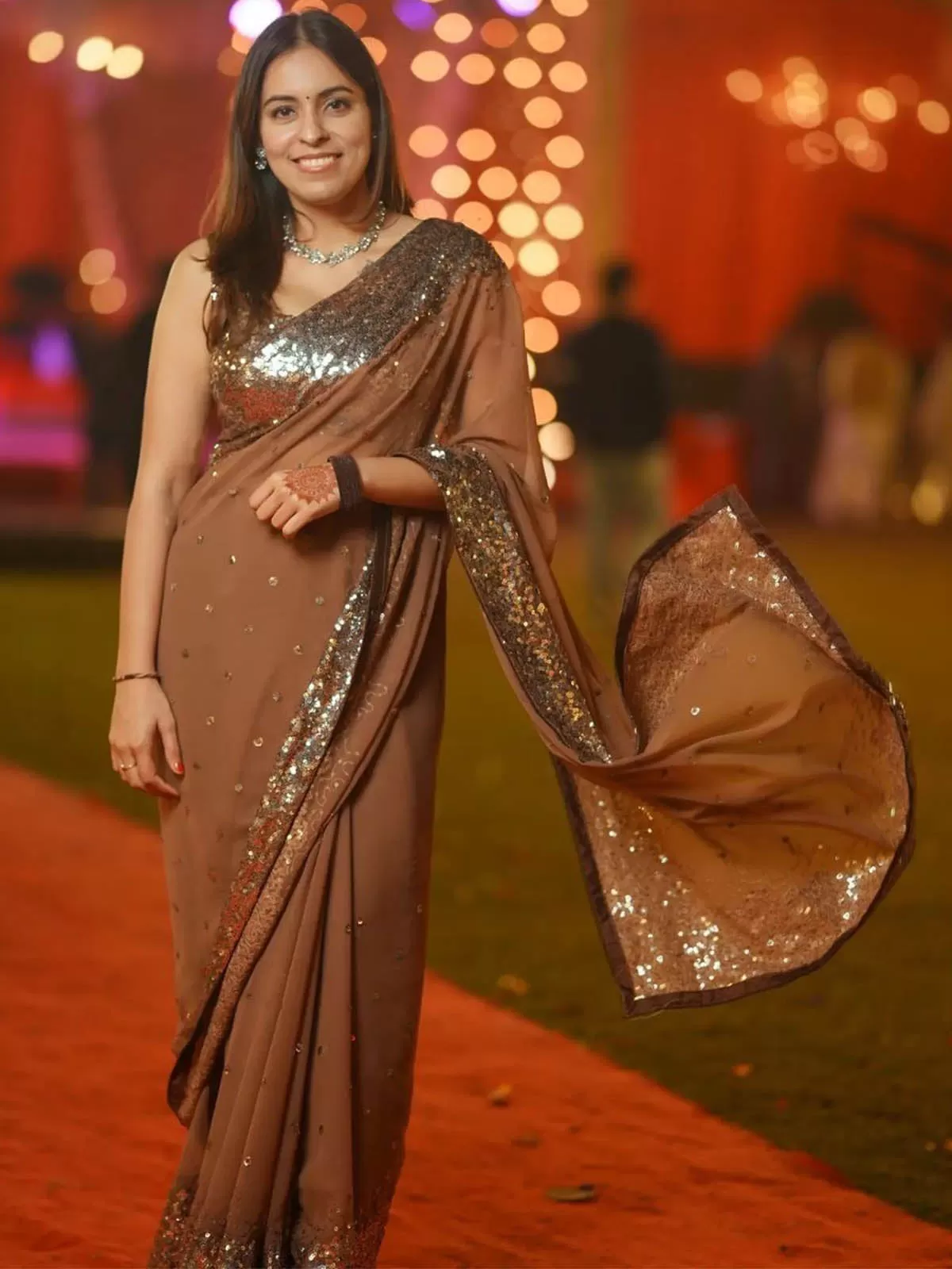 Odette Women Brown Sequin Georgette Saree With Unstitched Blouse