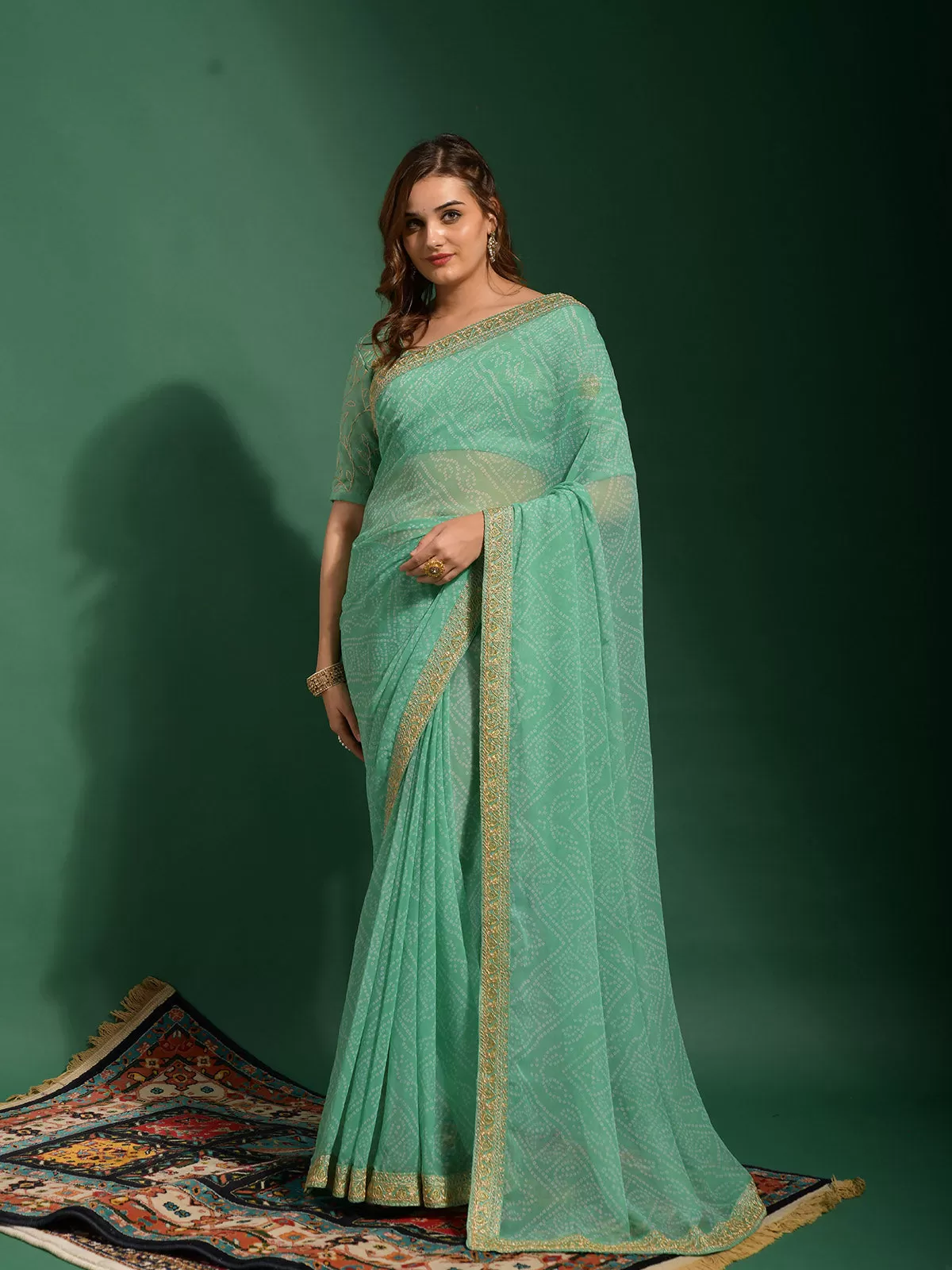 Odette Women Sea Green Chiffon Designer Saree With Unstitched Blouse