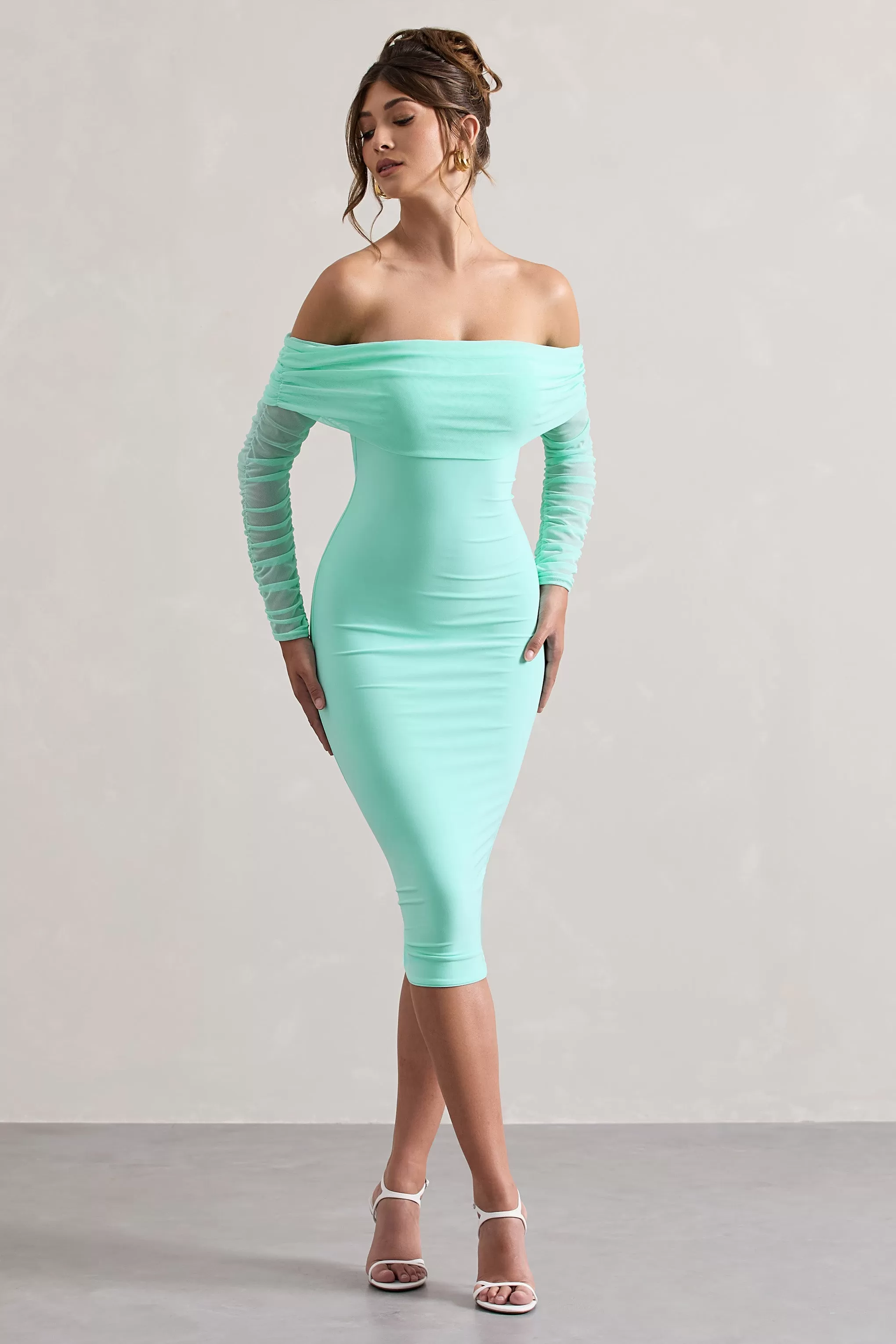 Only You | Mint Ruched Mesh Bardot Midi Dress