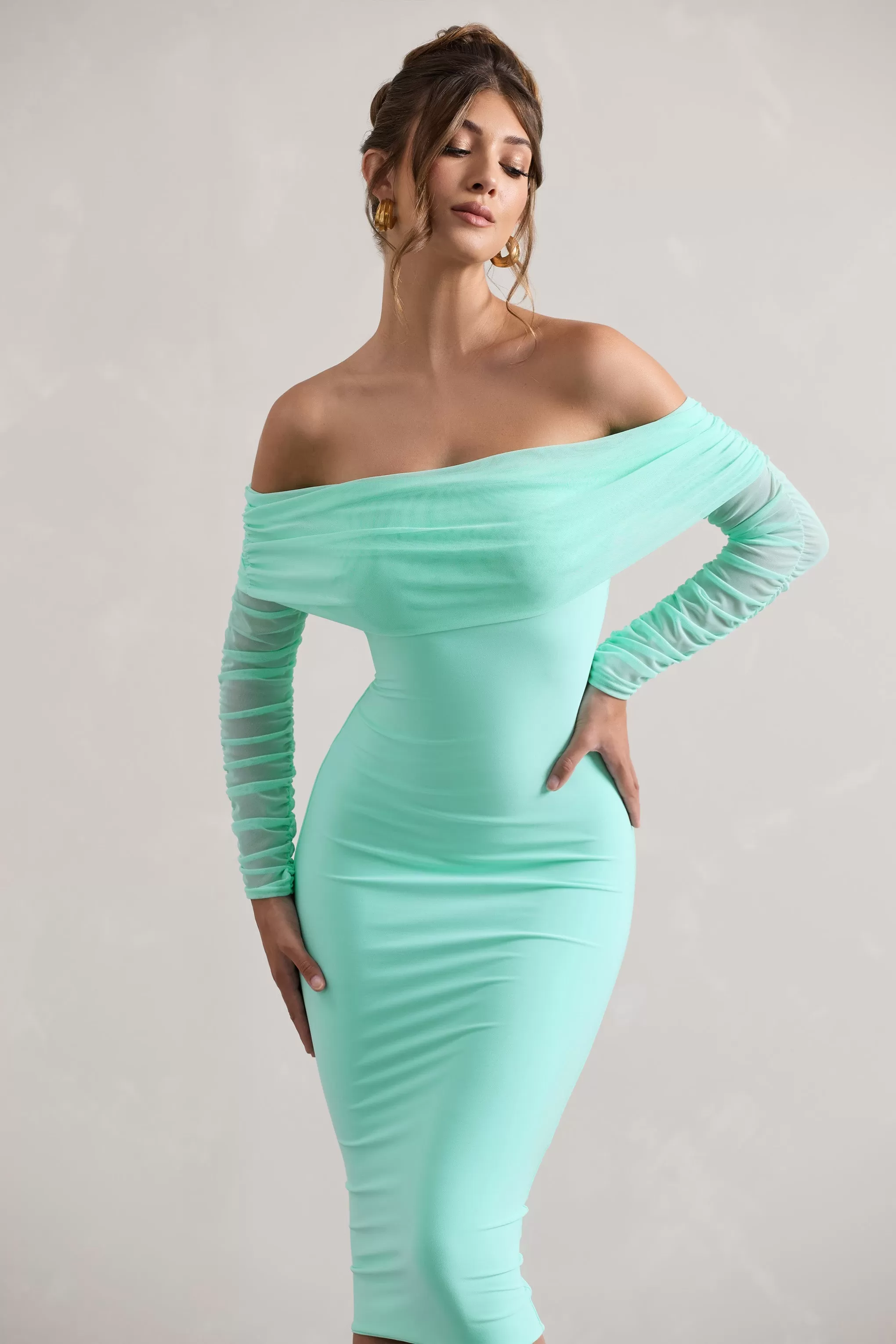 Only You | Mint Ruched Mesh Bardot Midi Dress