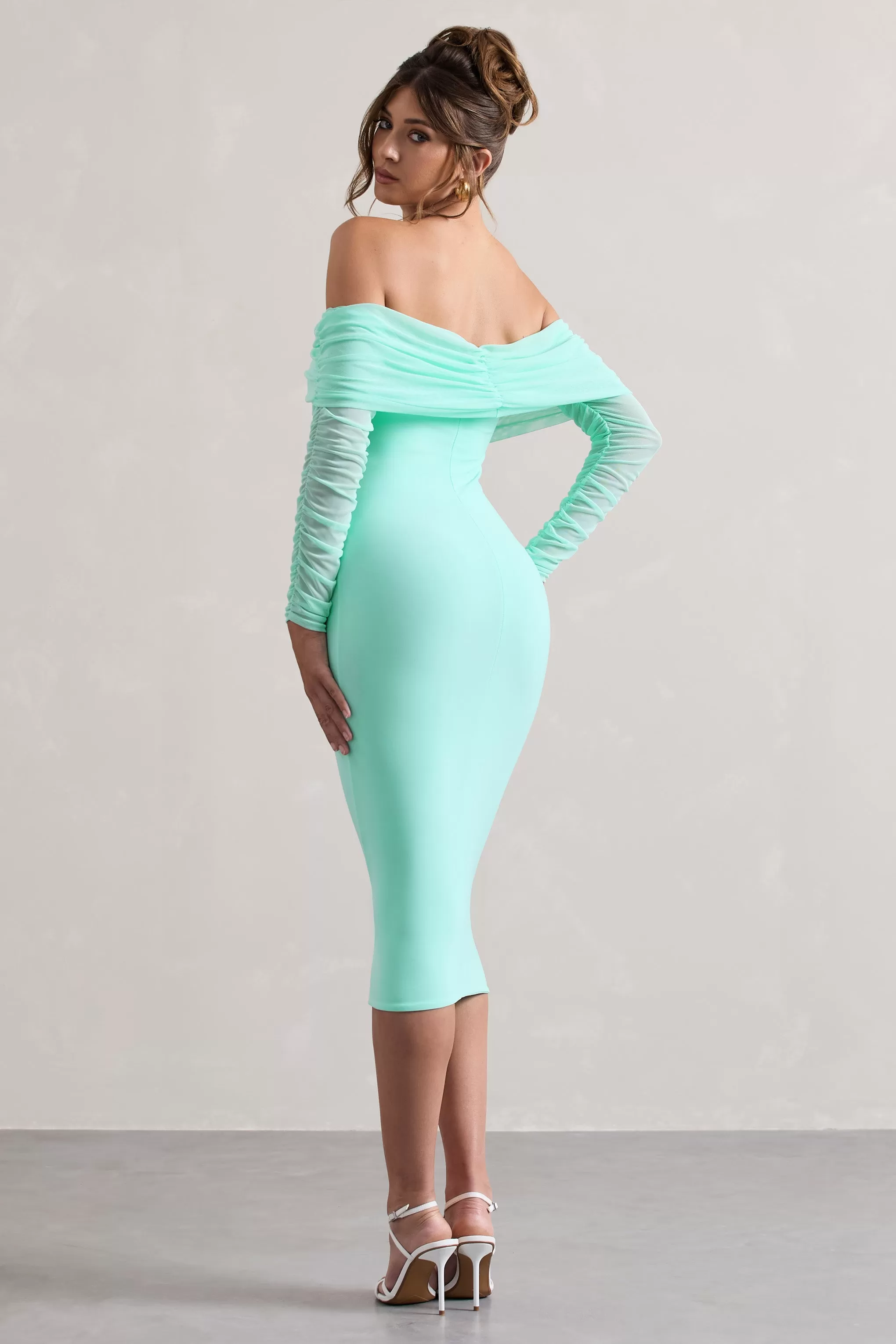 Only You | Mint Ruched Mesh Bardot Midi Dress