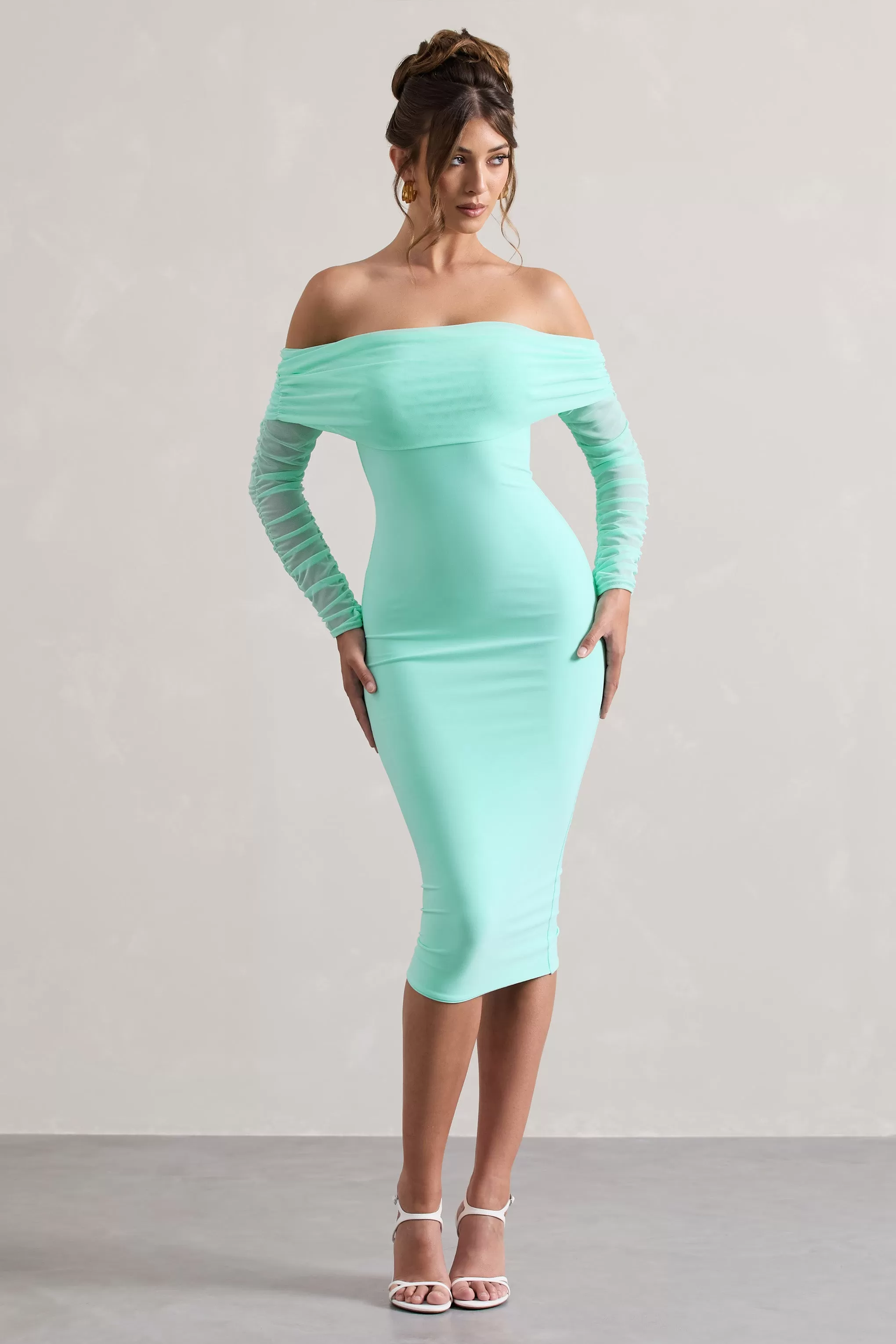 Only You | Mint Ruched Mesh Bardot Midi Dress