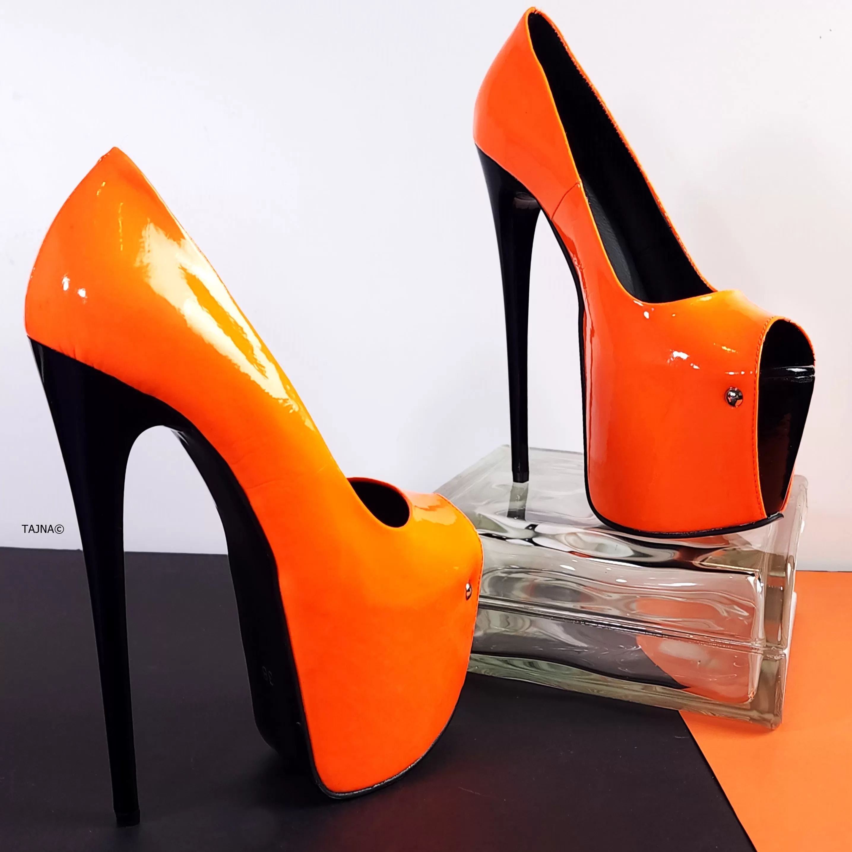 Orange Neon Gloss Black Detail High Heels