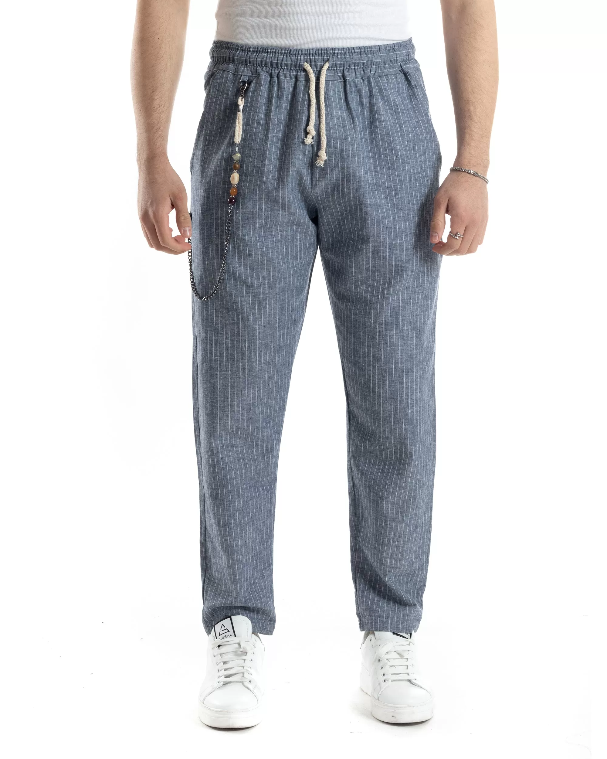 Pantaloni Uomo Pantalaccio Lino Jogger Elastico Sartoriale Casual Rigato Riga Sottile Blu GIOSAL-P6076A