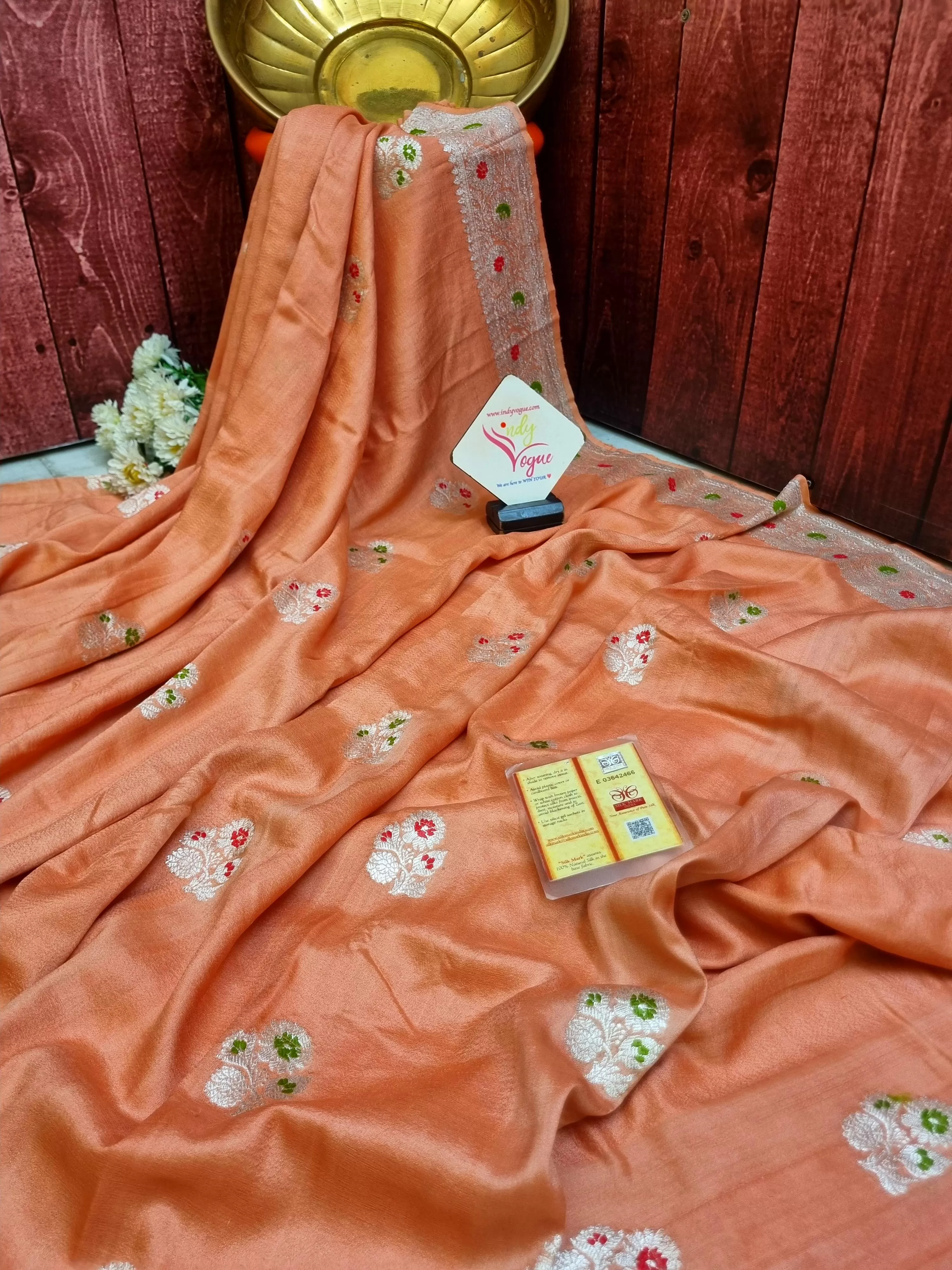 Peach Color Tussar Georgette Banarasi Saree with Silver Zari and Meenakari Work