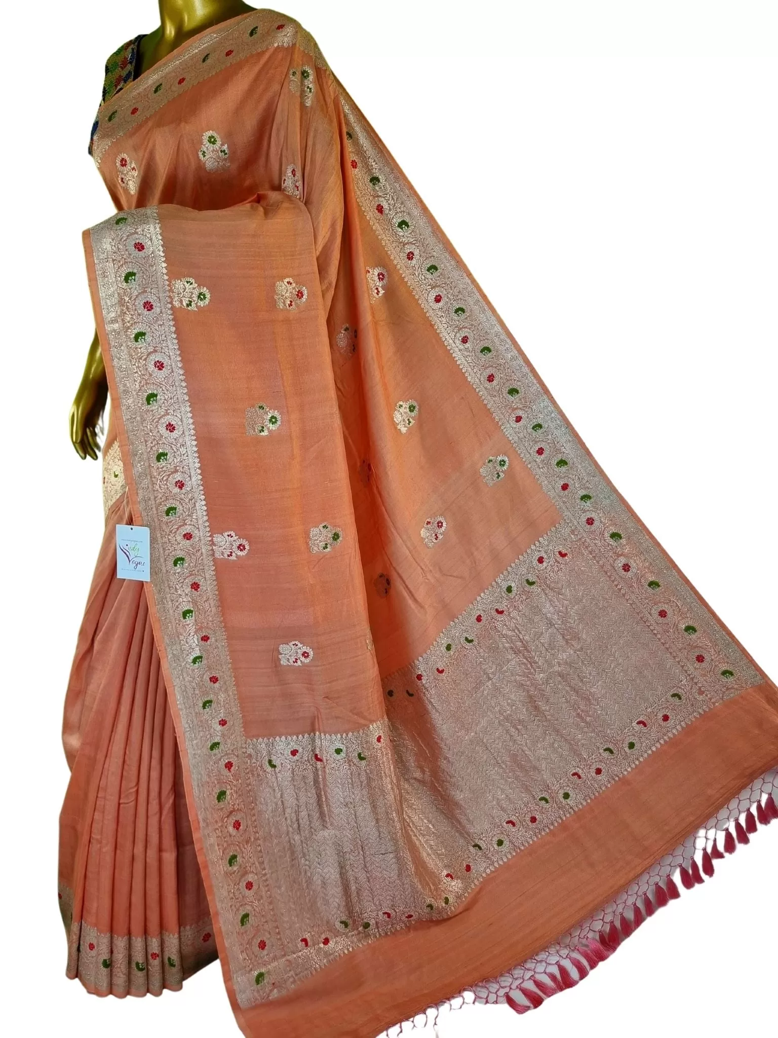 Peach Color Tussar Georgette Banarasi Saree with Silver Zari and Meenakari Work