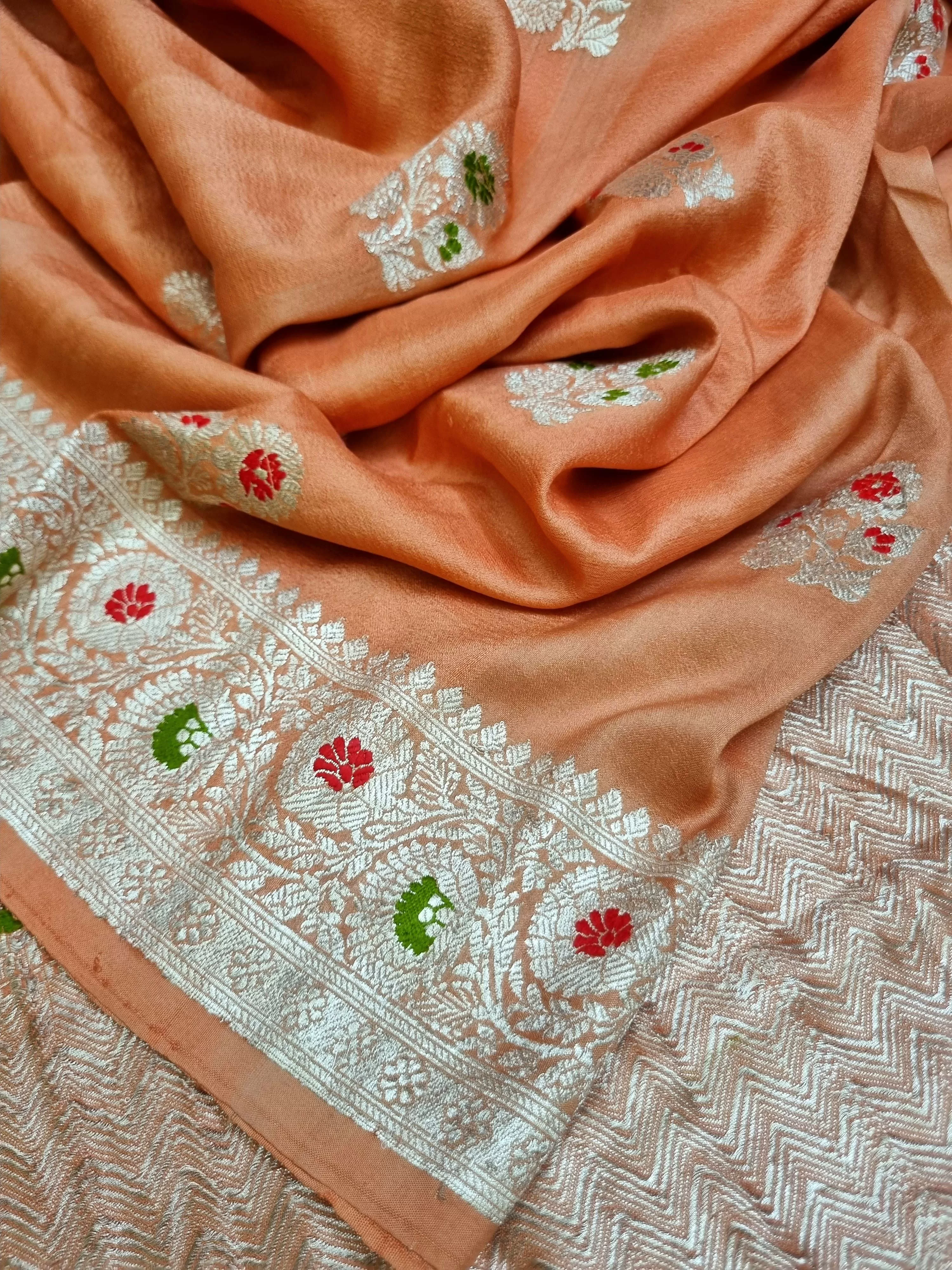 Peach Color Tussar Georgette Banarasi Saree with Silver Zari and Meenakari Work