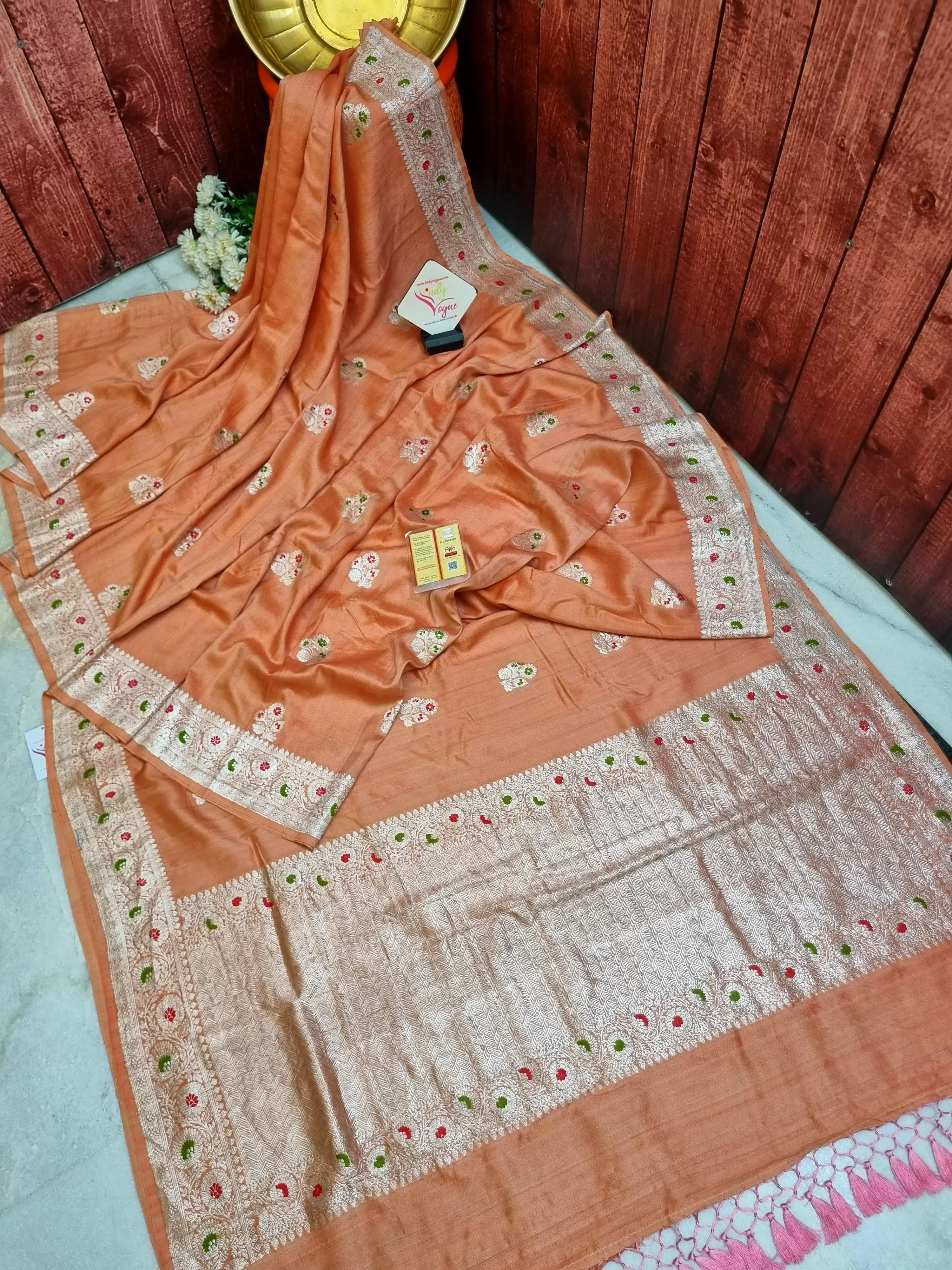 Peach Color Tussar Georgette Banarasi Saree with Silver Zari and Meenakari Work