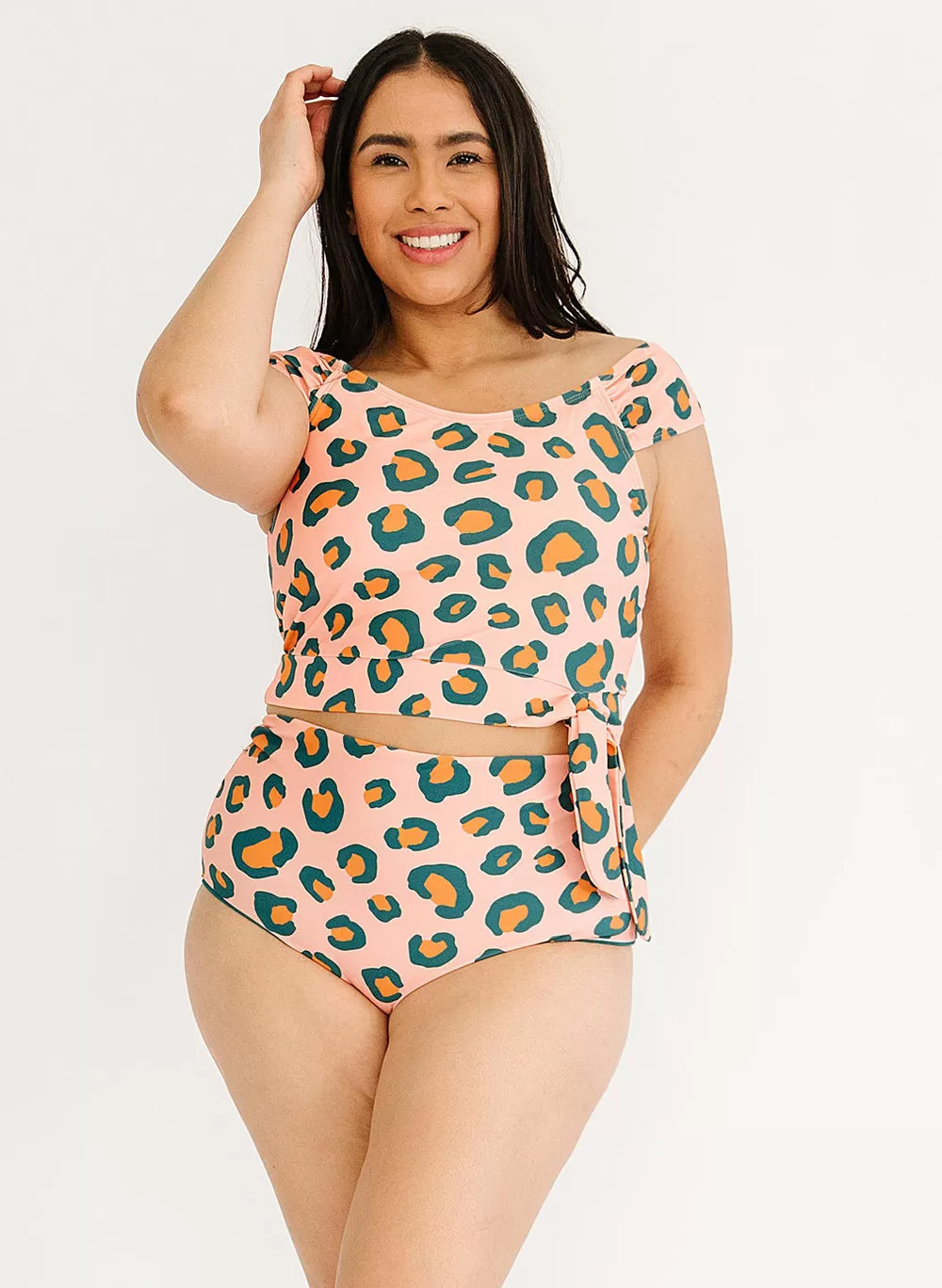 Peach Leopard Cap-Sleeve Crop Top