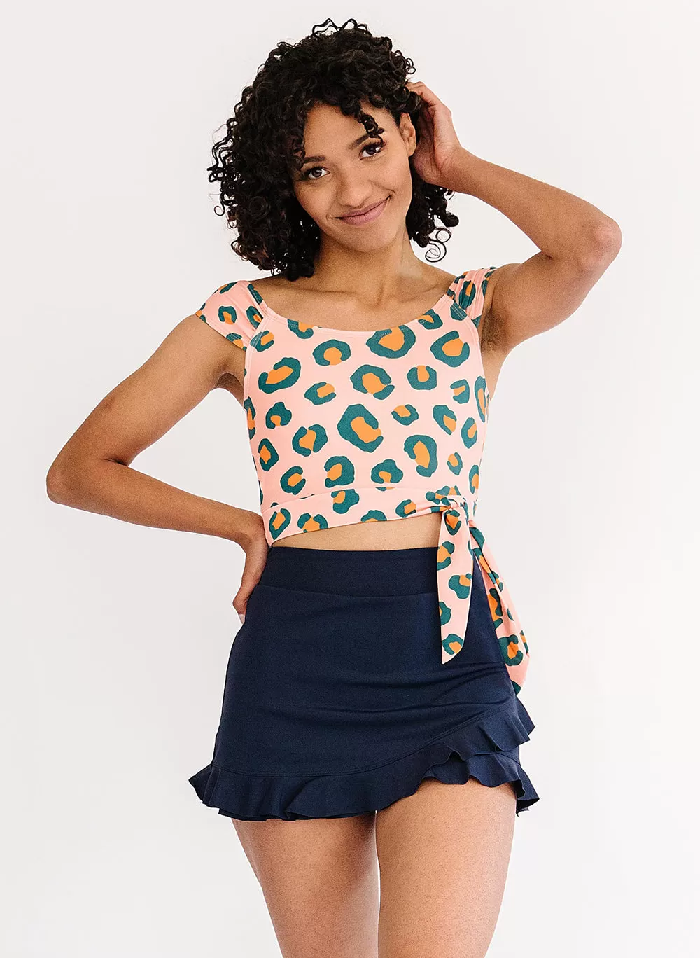 Peach Leopard Cap-Sleeve Crop Top