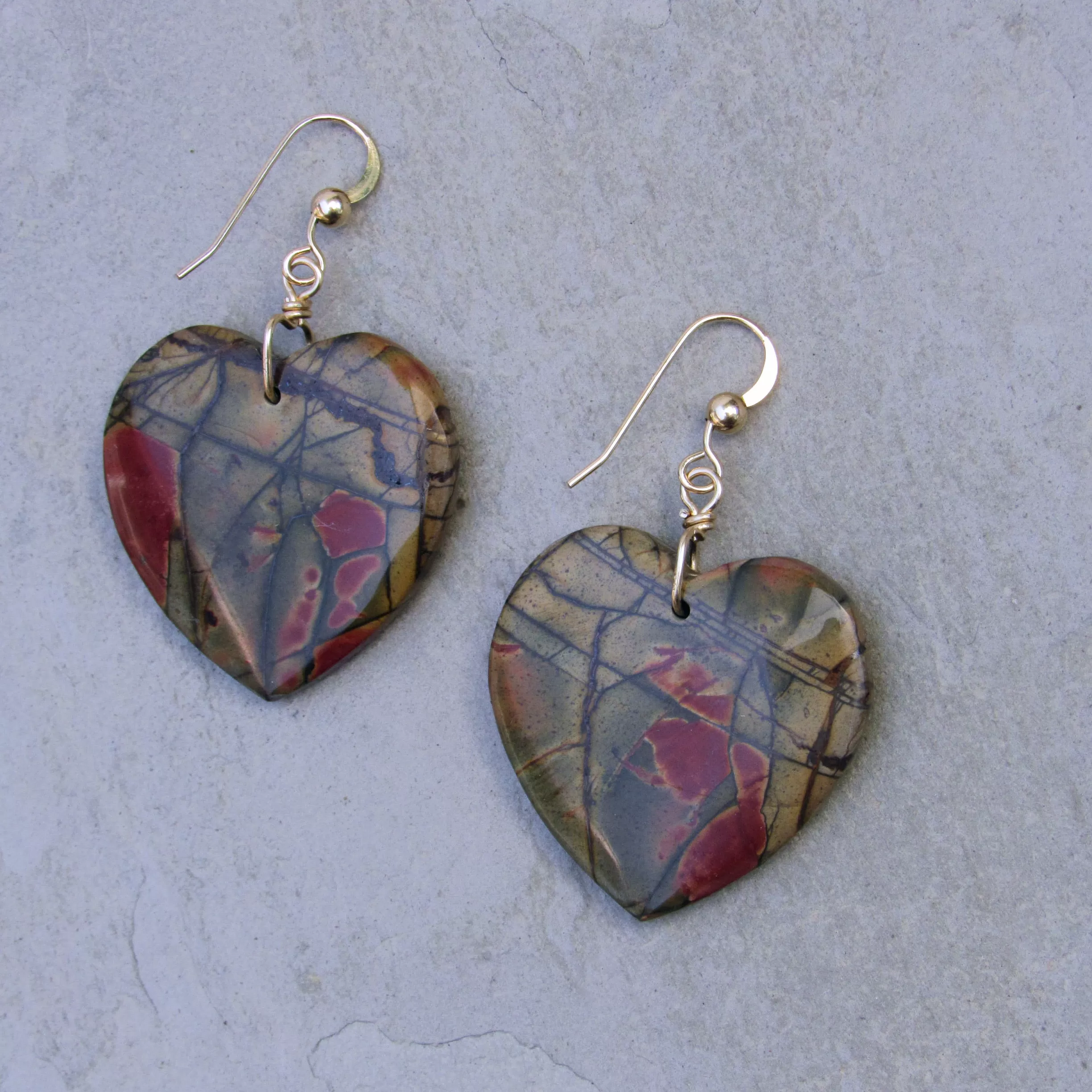 Picasso Jasper gemstone Heart Earrings with 14 Kt GF ear wire