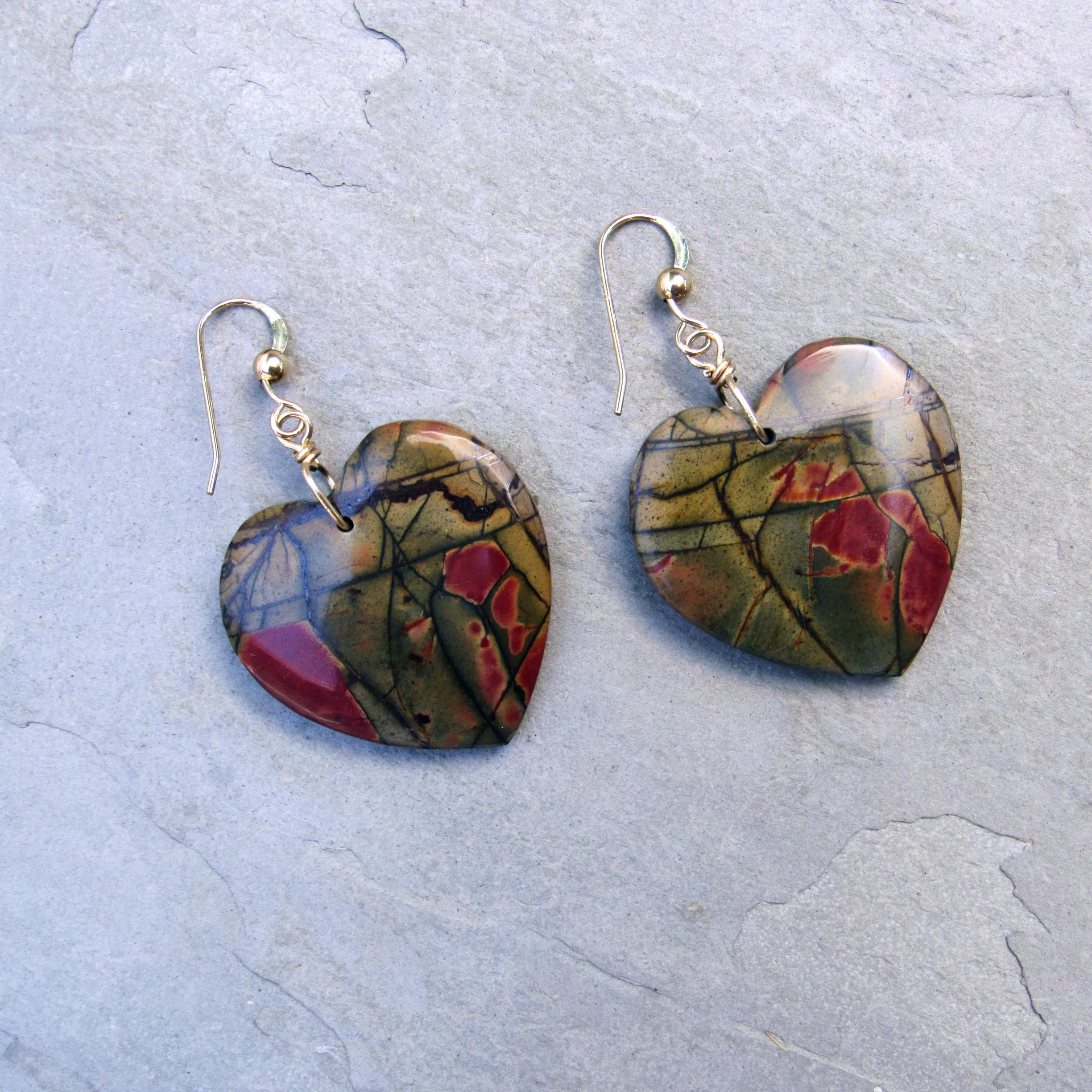 Picasso Jasper gemstone Heart Earrings with 14 Kt GF ear wire