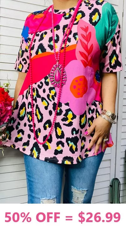 Pink Flower & Leopard short sleeve flutter top